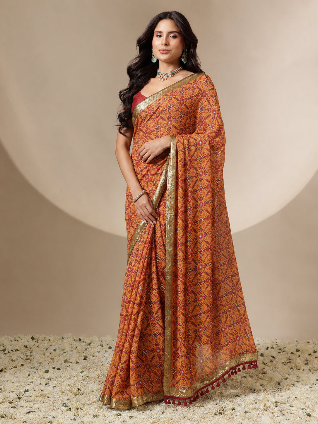 Mustard Patola Saree With Maroon Unstitched Blouse-Shae by SASSAFRAS