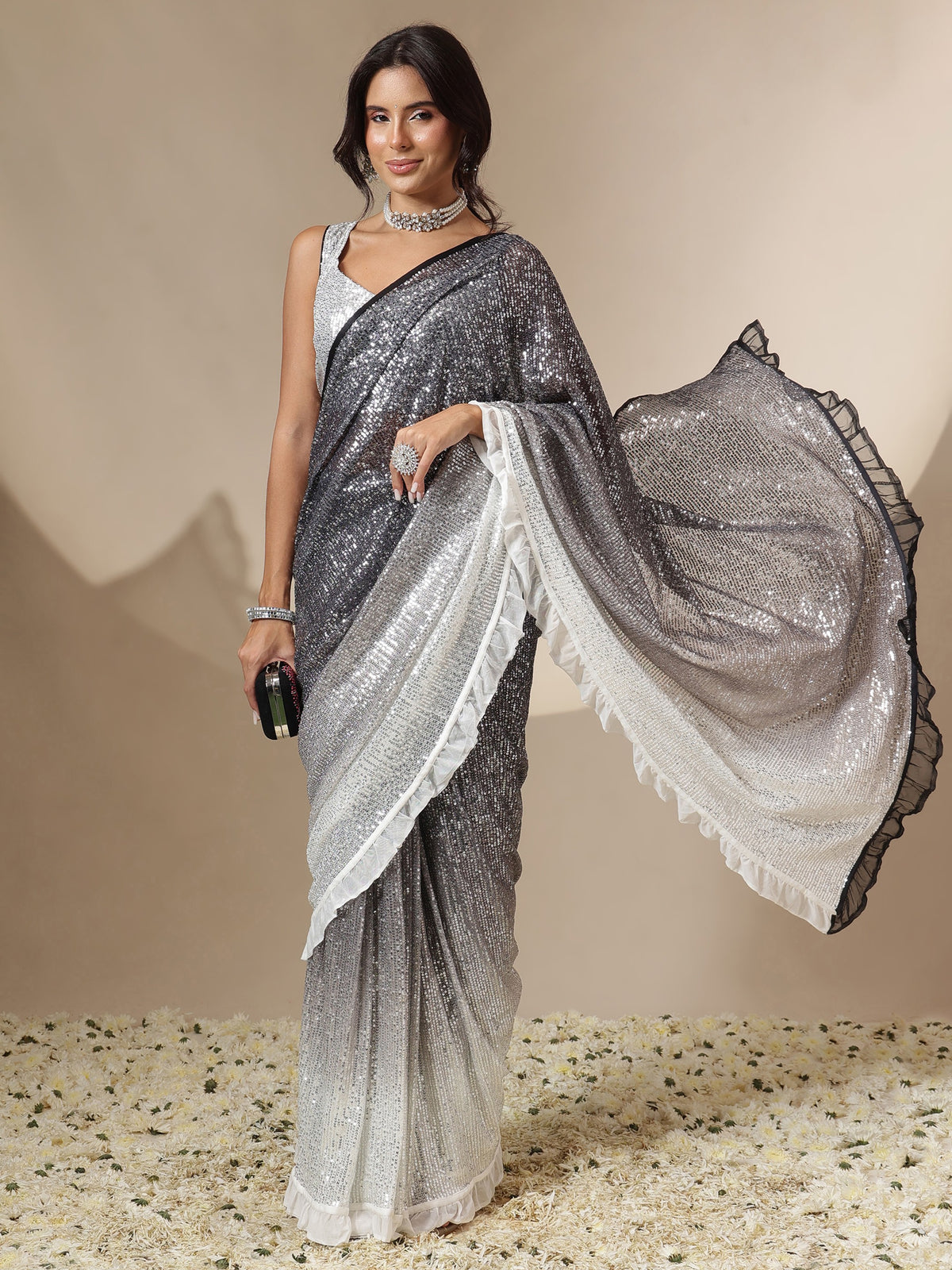 Black Ombre Sequin RTW Draped Saree With Unstitched Blouse-Shae by SASSAFRAS