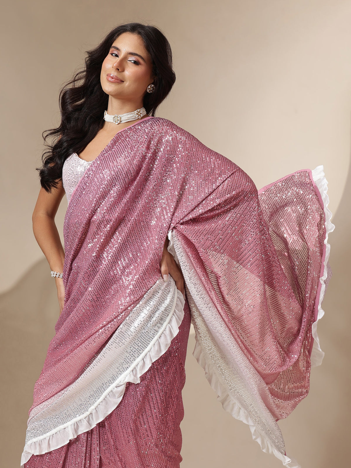 Women Pink Ombre Sequin RTW Draped Saree With Unstitched Blouse