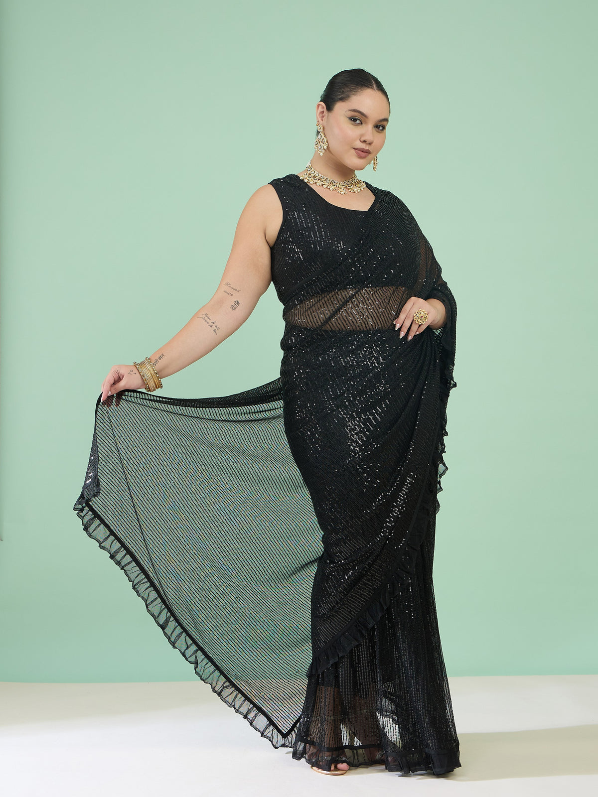 Women Black Sequin RTW Drape Saree With Unstitched Blouse