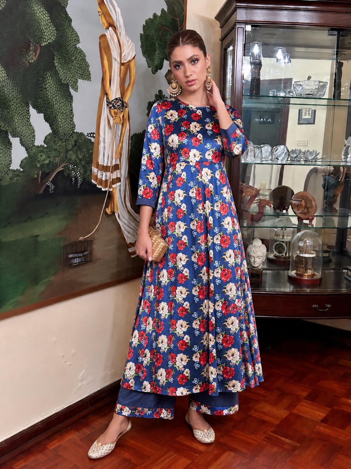 Royal Blue Floral Velvet Kurta With Palazzo Pants-Shae by SASSAFRAS