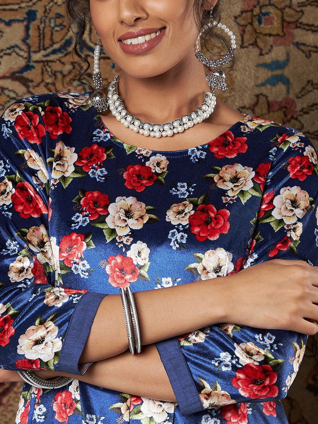 Royal Blue Floral Velvet Kurta With Palazzo Pants-Shae by SASSAFRAS