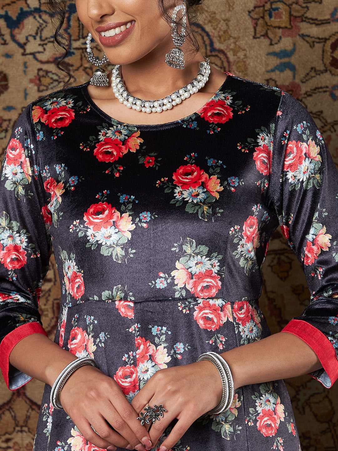 Navy Floral Velvet Kurta With Palazzo Pants-Shae by SASSAFRAS