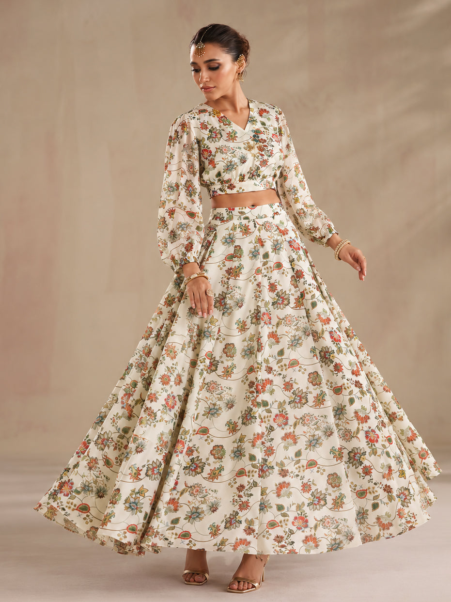 Beige Floral Wrap Top With Anarkali Skirt-Shae by SASSAFRAS