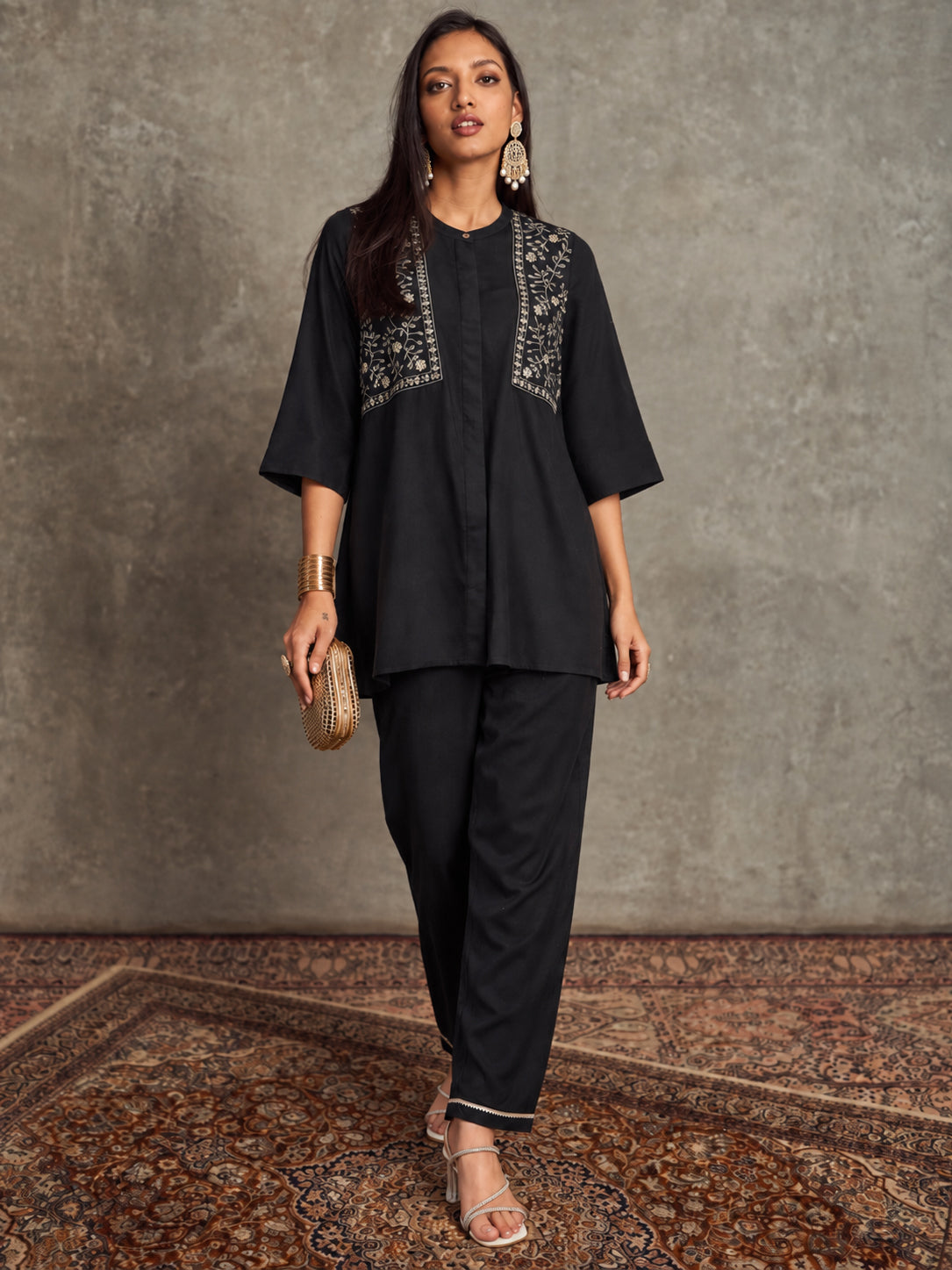 Black Yoke Embroidered Shirt With Palazzos-Shae by SASSAFRAS
