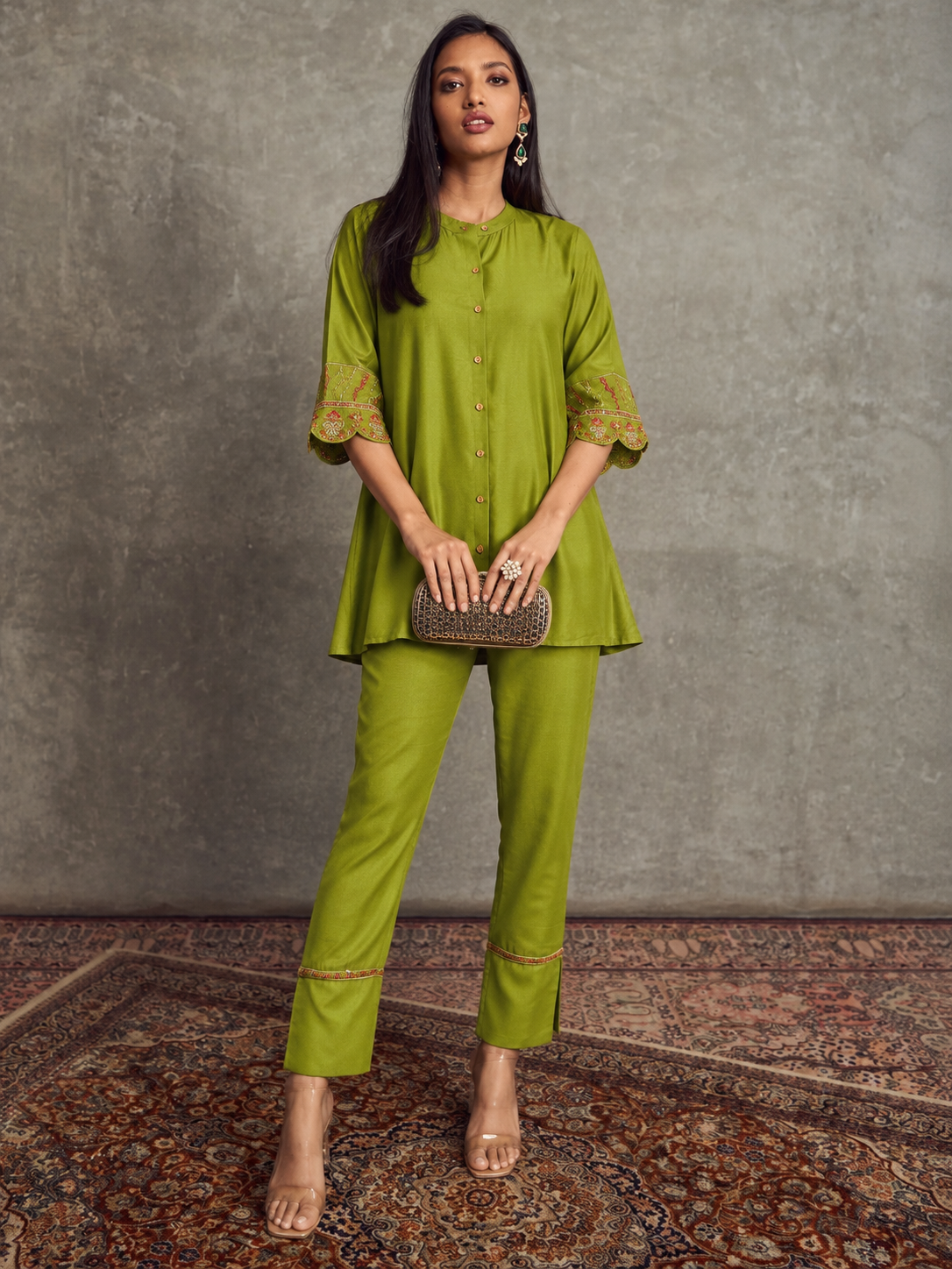 Women Green Sleeves Embroidered Shirt With Palazzos