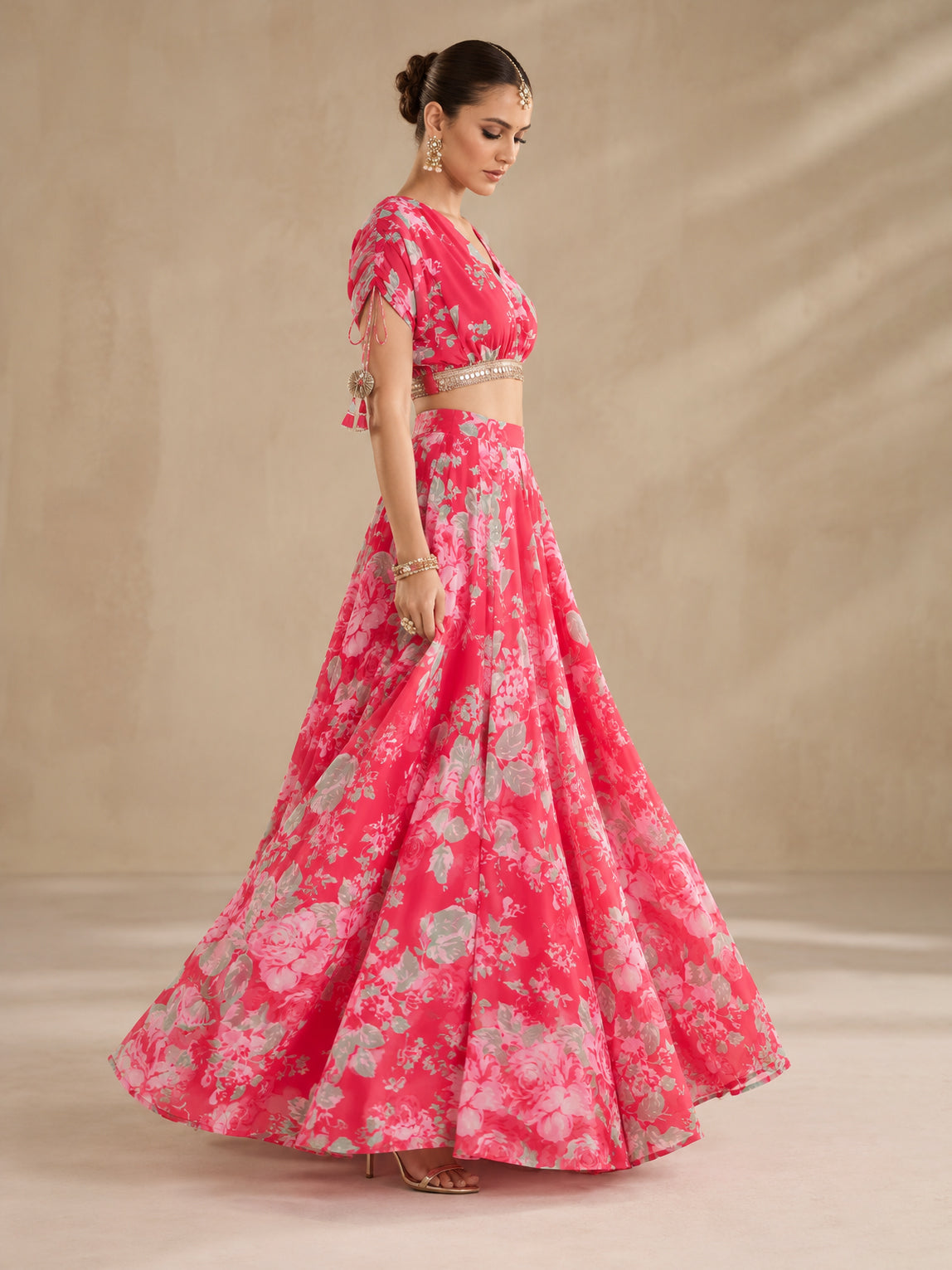 Red Floral Anarkali Skirt With Crop Top-Shae by SASSAFRAS