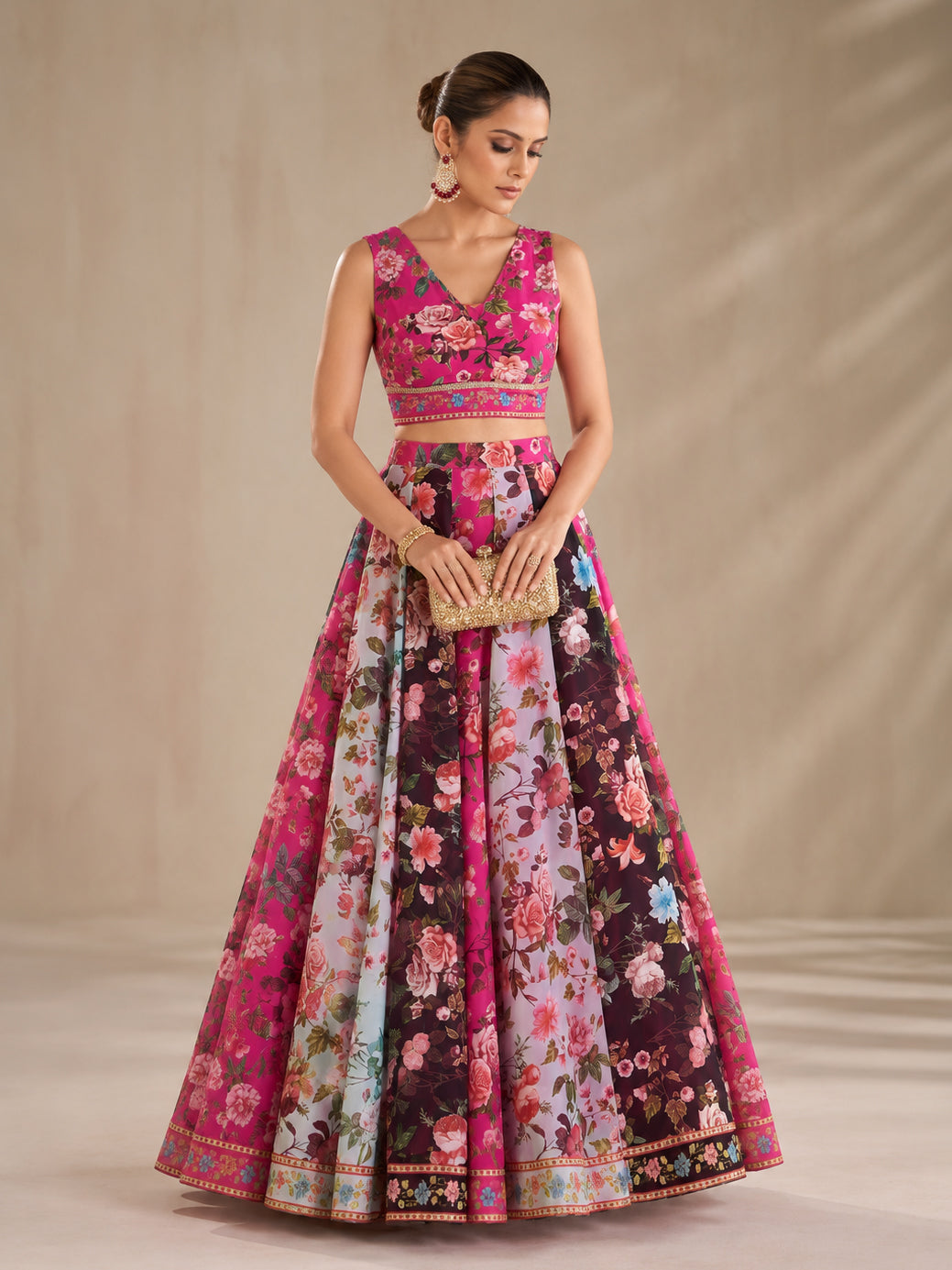 Fuchsia & Black Floral Anarkali Skirt With Crop Top-Shae by SASSAFRAS