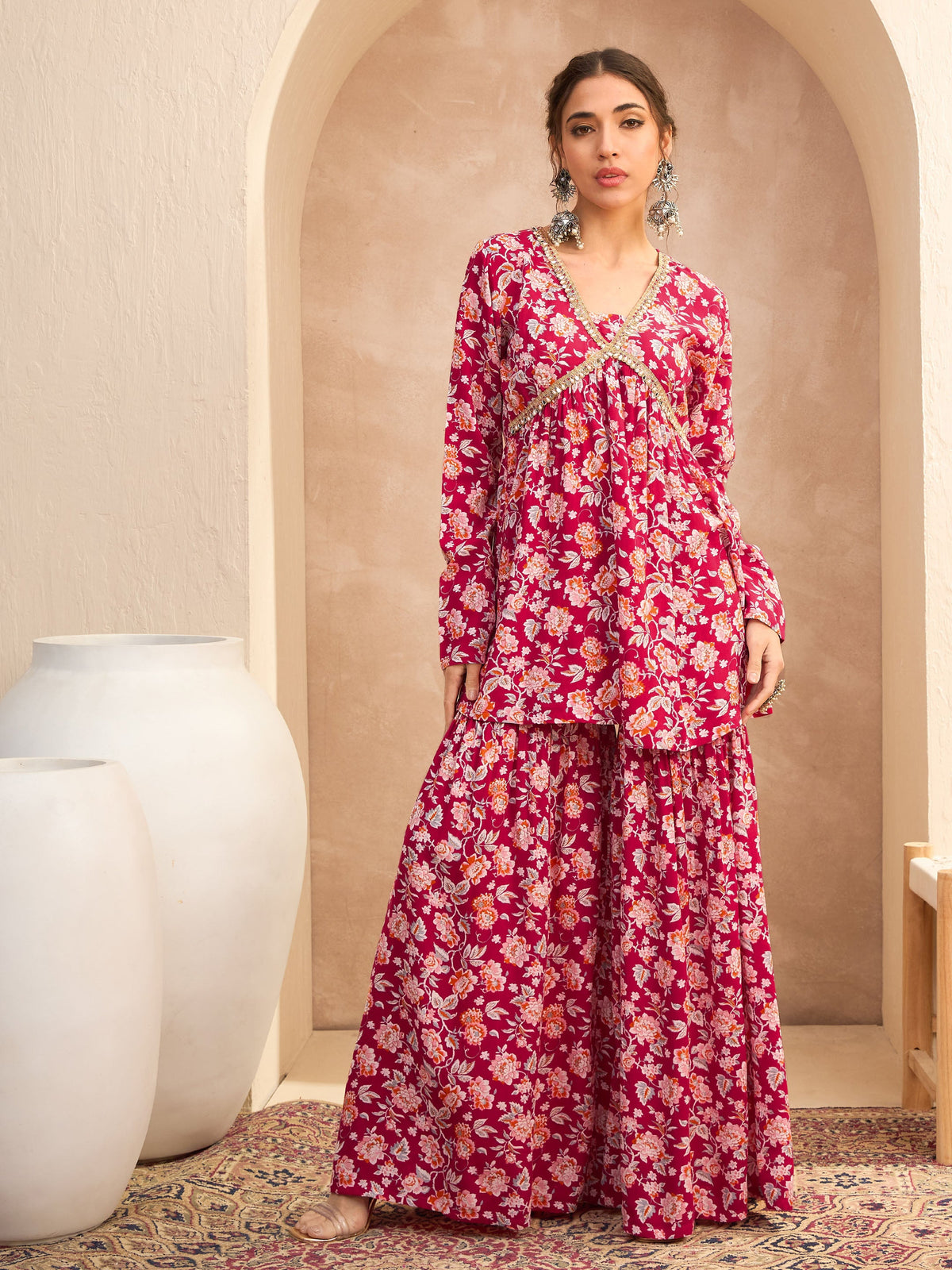 Red Floral Cambric Peplum Top With Sharara Pants-Shae by SASSAFRAS