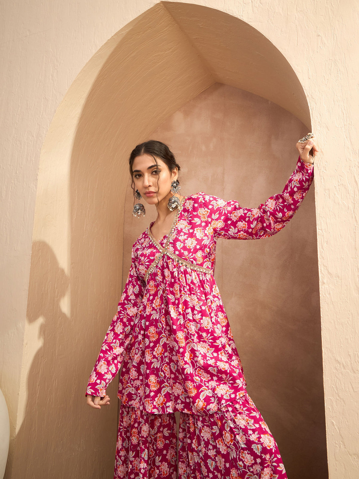 Red Floral Cambric Peplum Top With Sharara Pants-Shae by SASSAFRAS