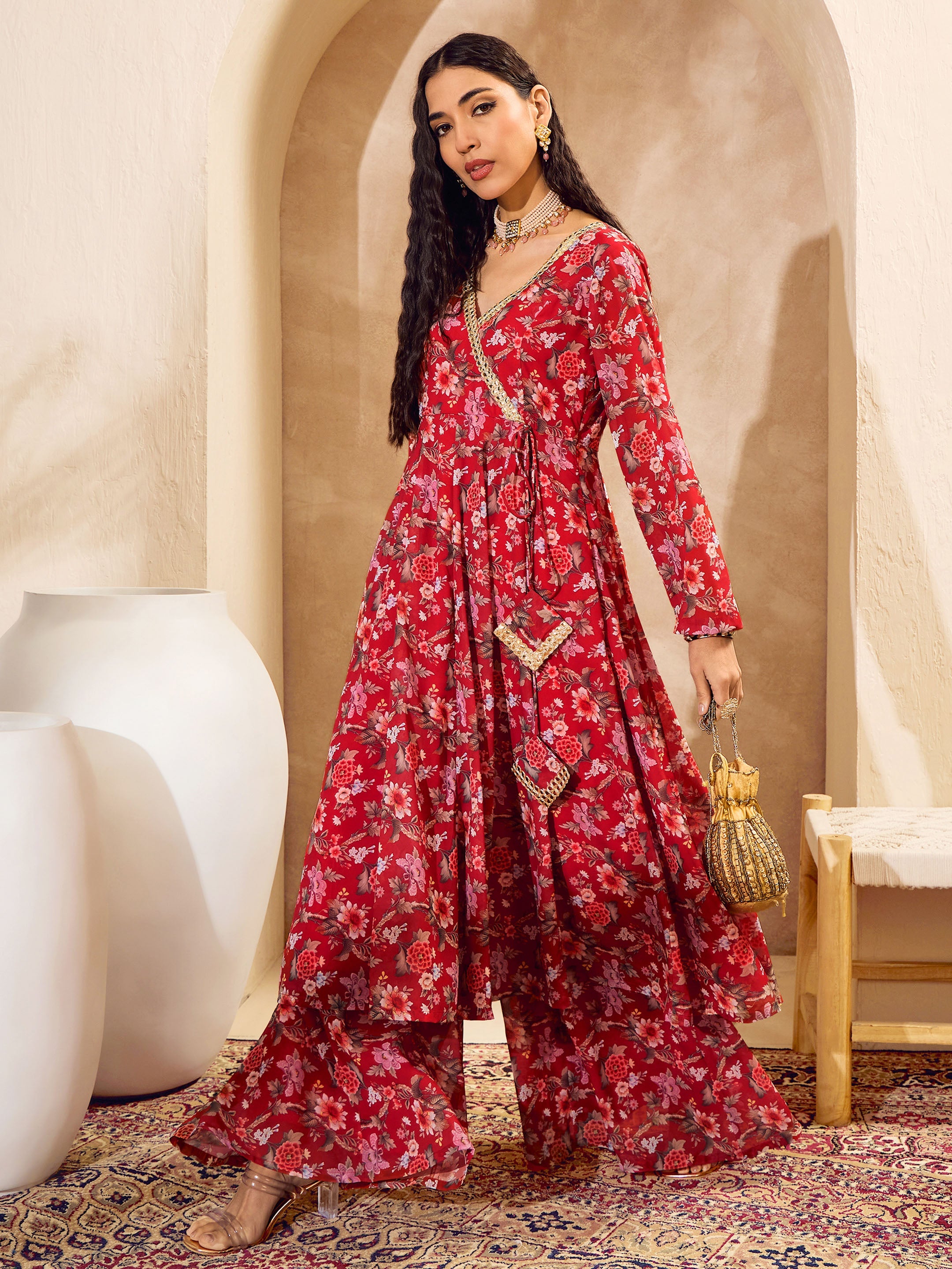 Women Red 3/4Th Sleeve Tiered Cotton Anarkali Kurta With Lace Work main image 1