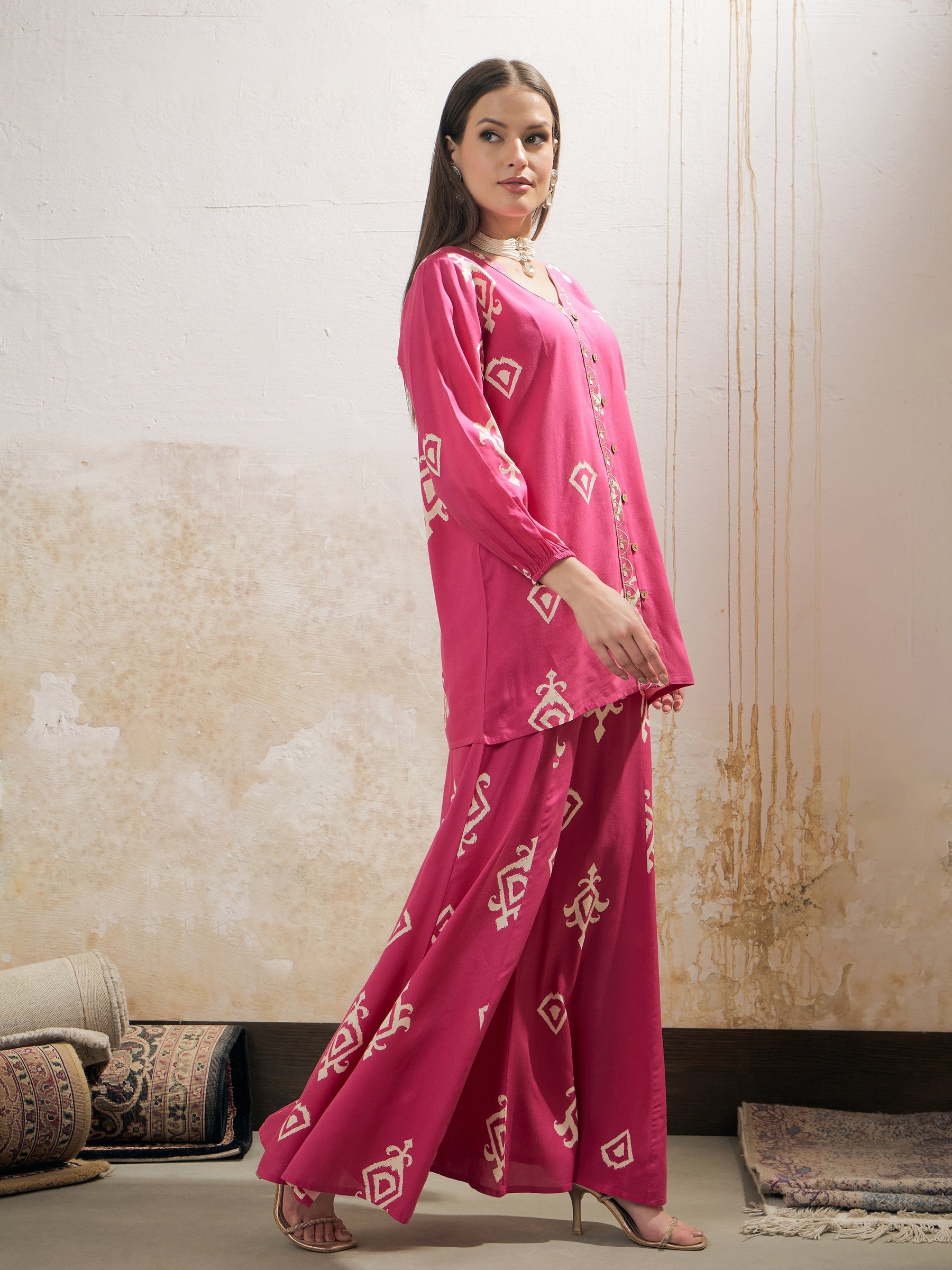 Pink & White Ethnic Motif Rayon Shirt With Palazzos-Shae by SASSAFRAS