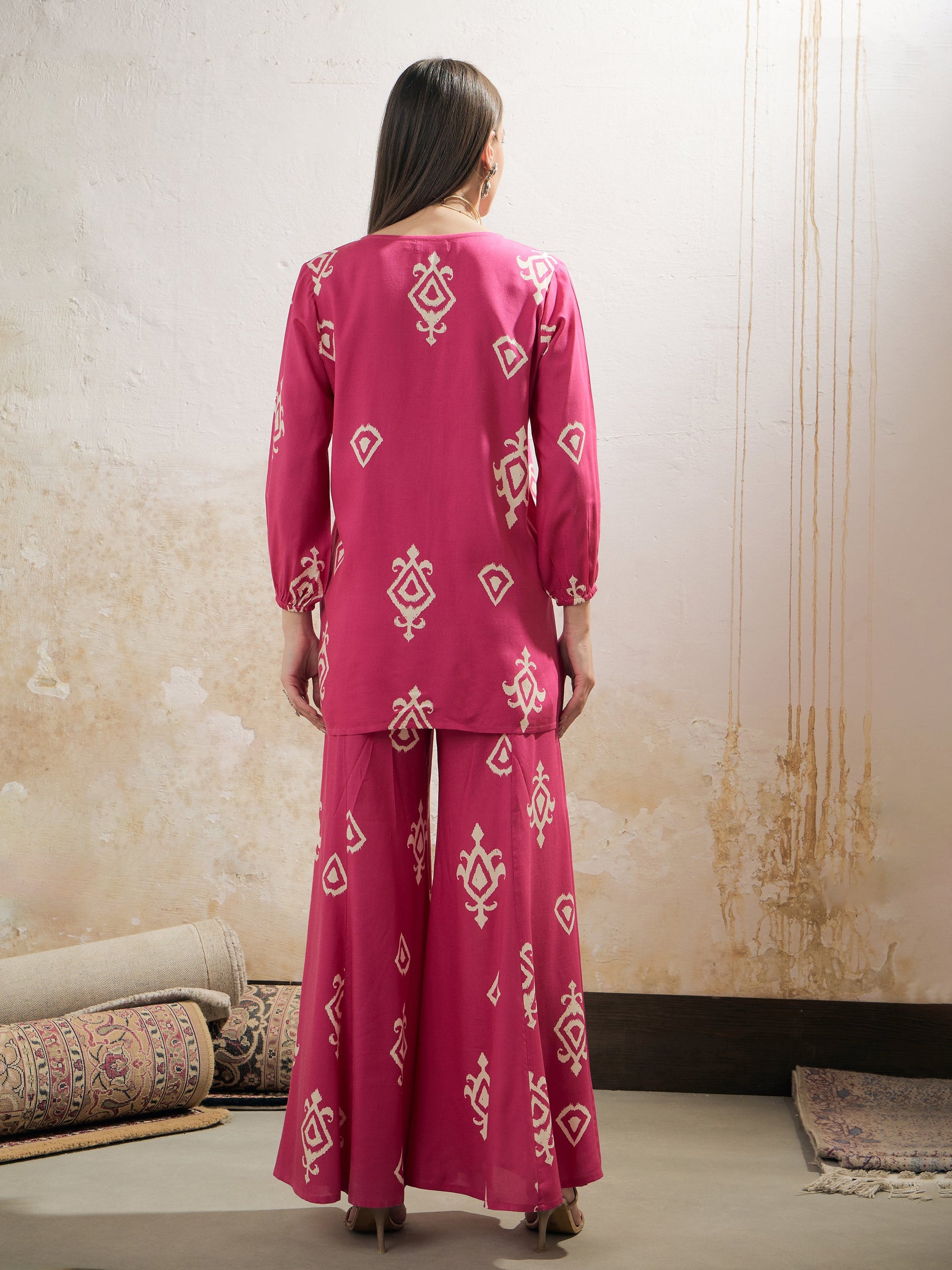 Pink & White Ethnic Motif Rayon Shirt With Palazzos-Shae by SASSAFRAS