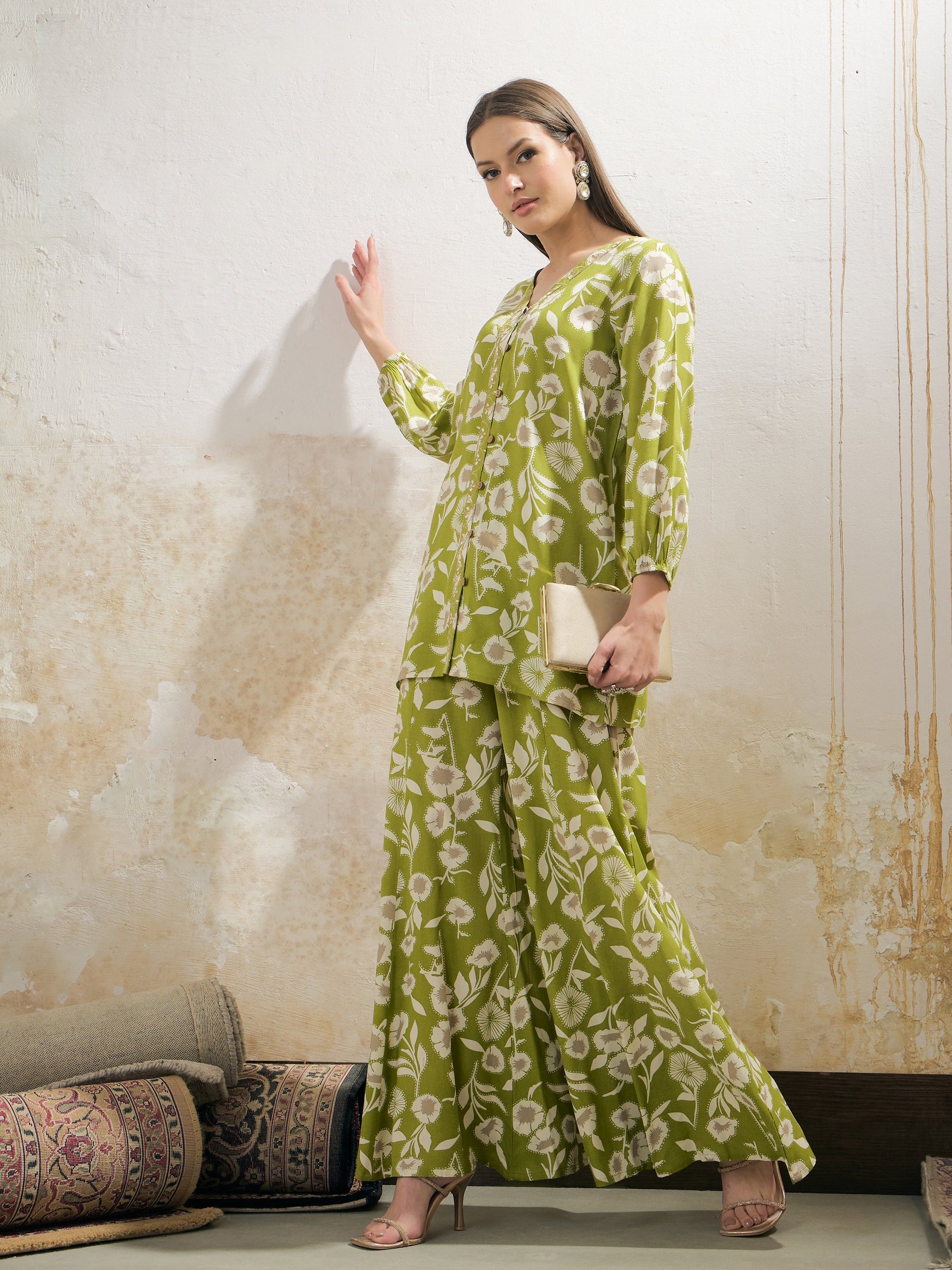 Green & White Floral Rayon Shirt With Palazzos-Shae by SASSAFRAS