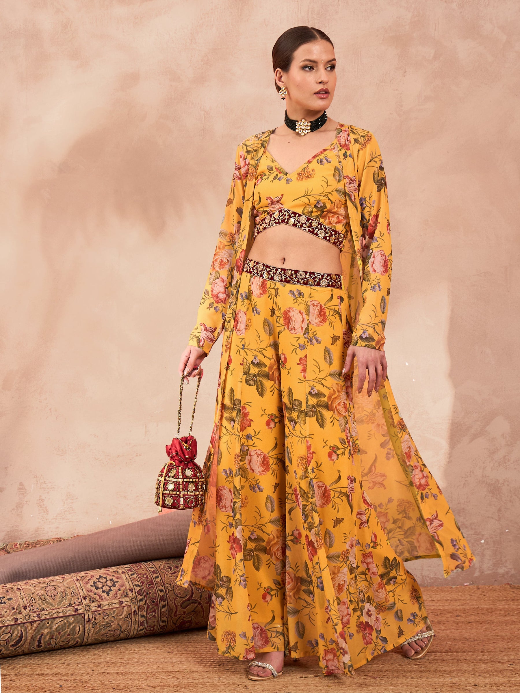 Yellow Floral Crop Top With Palazzo Pants & Shrug-Shae by SASSAFRAS