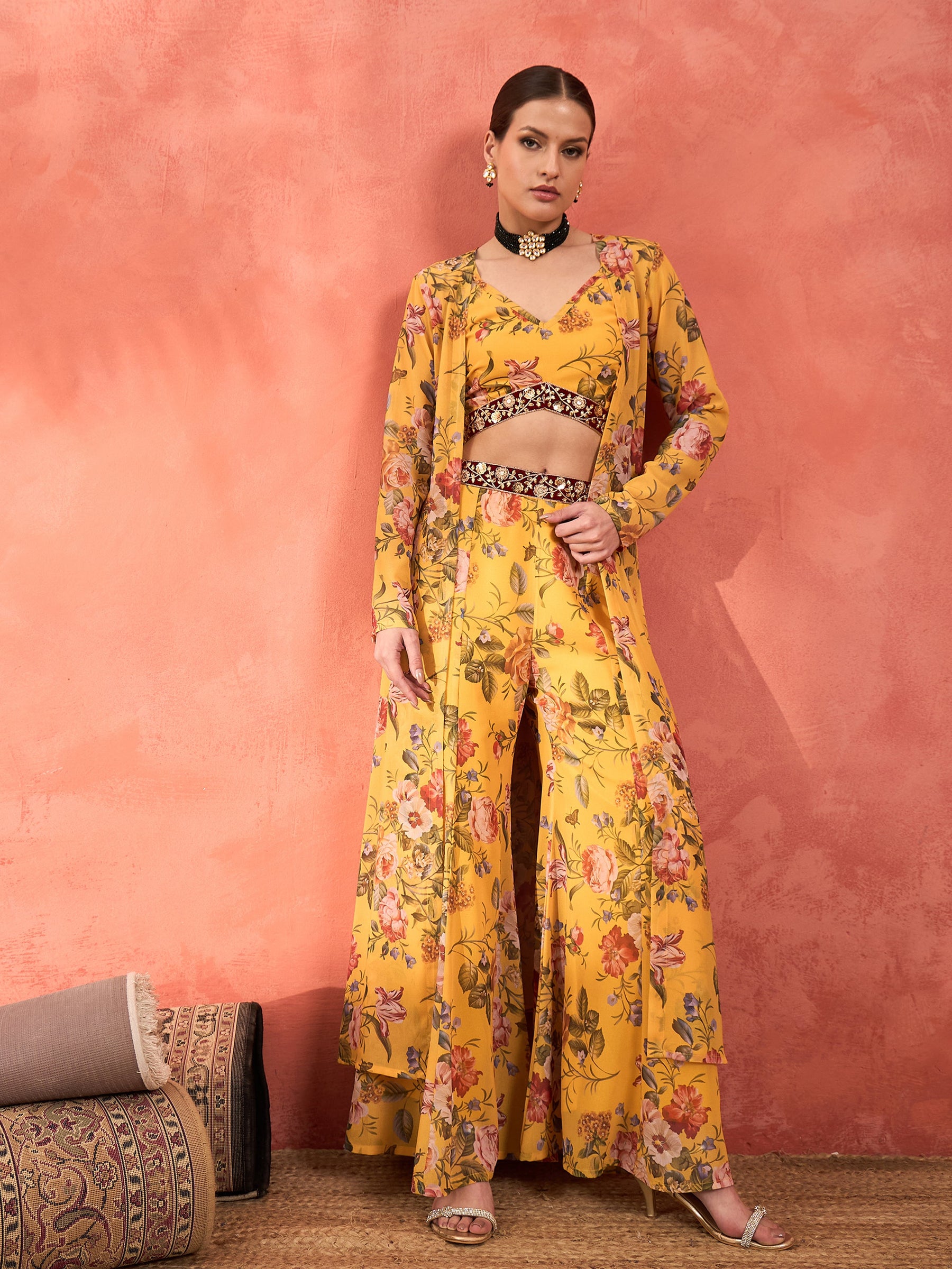 Yellow Floral Crop Top With Palazzo Pants & Shrug-Shae by SASSAFRAS
