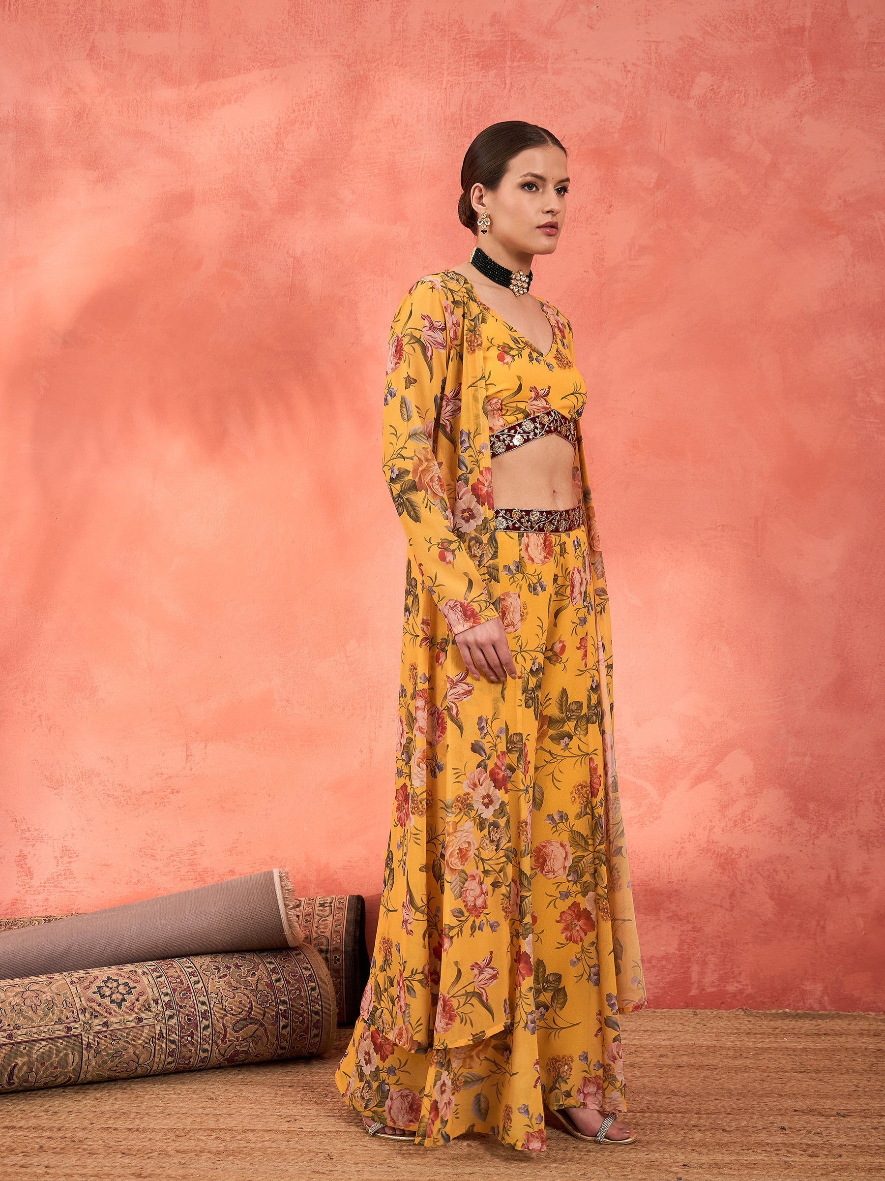 Yellow Floral Crop Top With Palazzo Pants & Shrug-Shae by SASSAFRAS