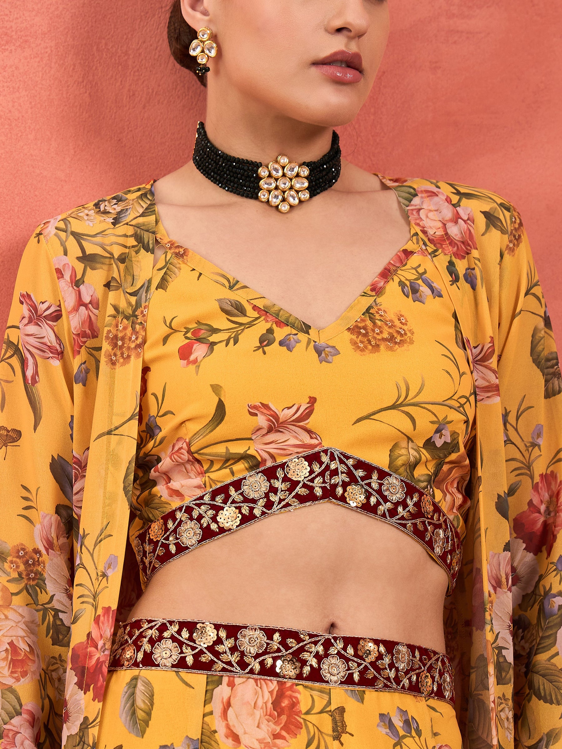 Yellow Floral Crop Top With Palazzo Pants & Shrug-Shae by SASSAFRAS