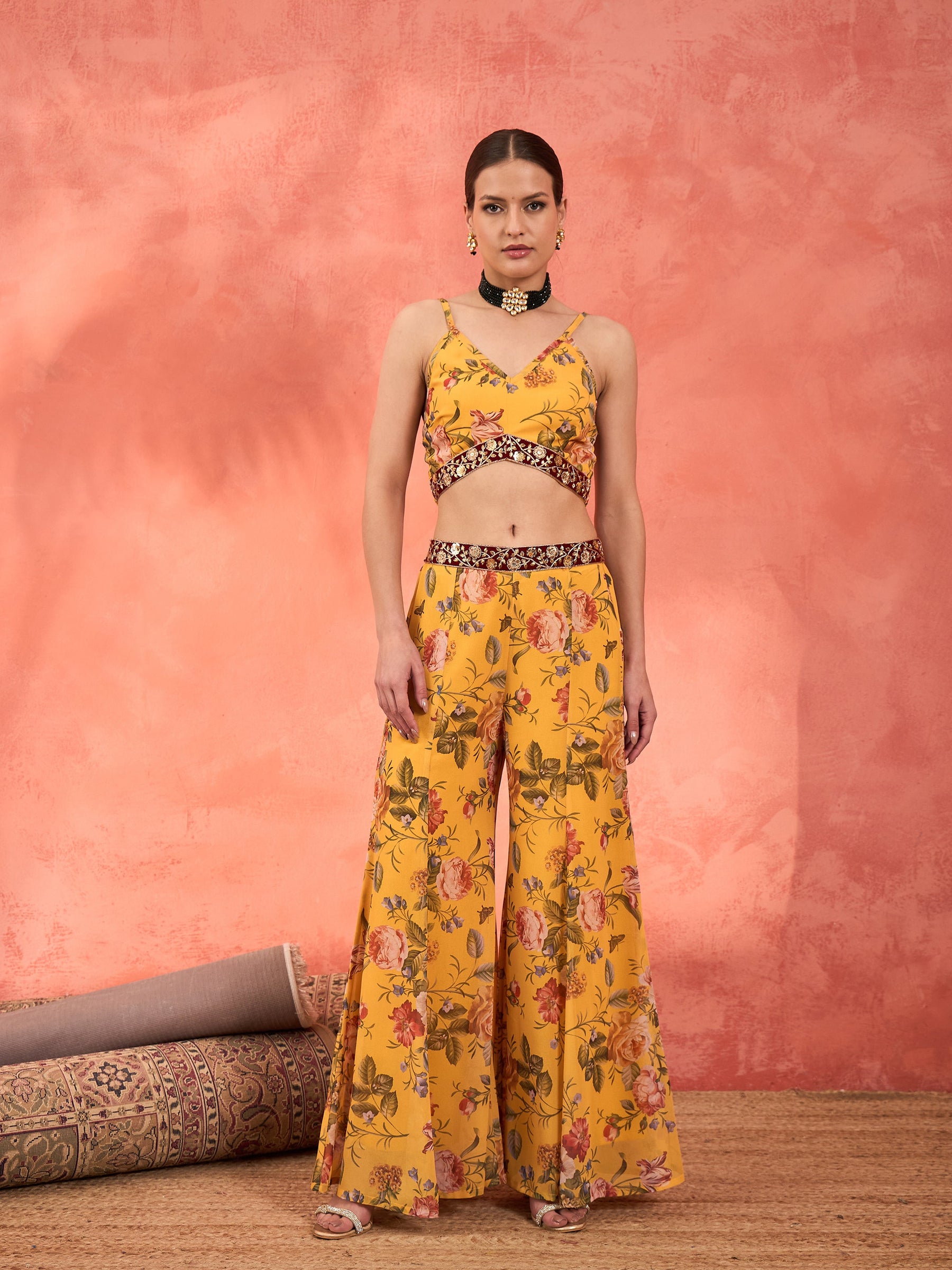 Yellow Floral Crop Top With Palazzo Pants & Shrug-Shae by SASSAFRAS