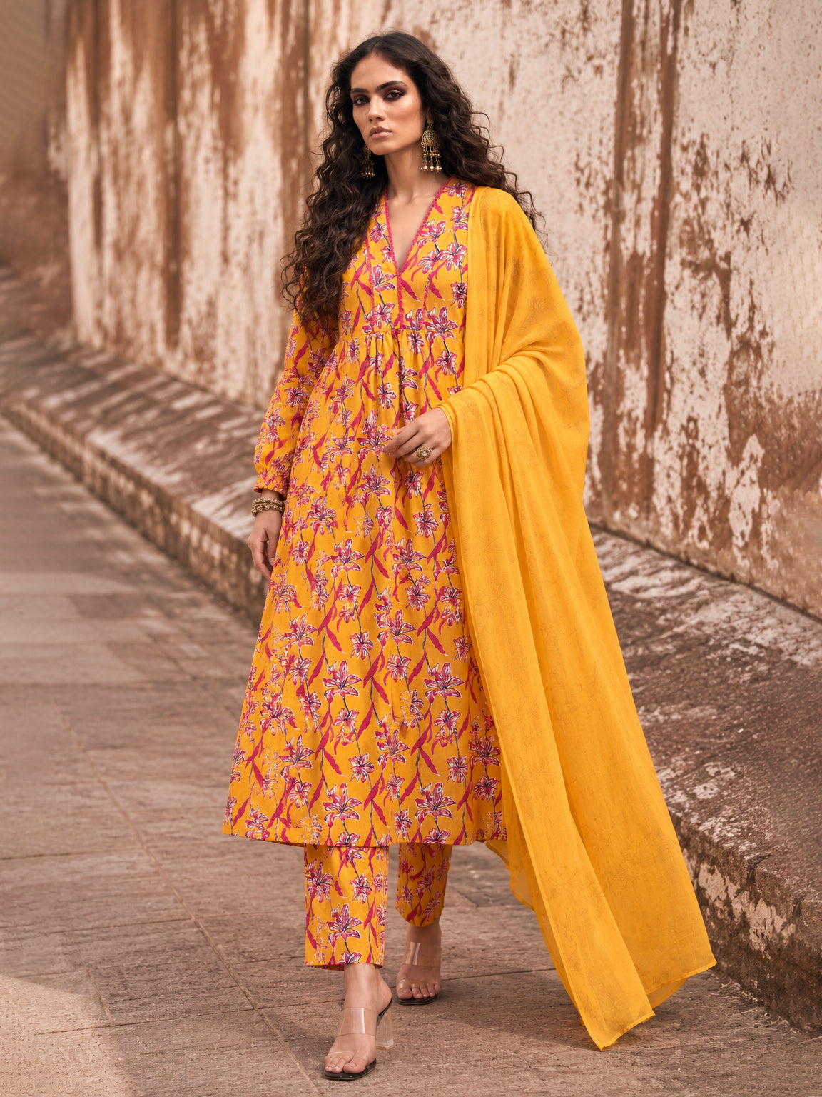 Women Yellow Floral Cambric V Neck Kurta With Pencil Pants & Dupatta