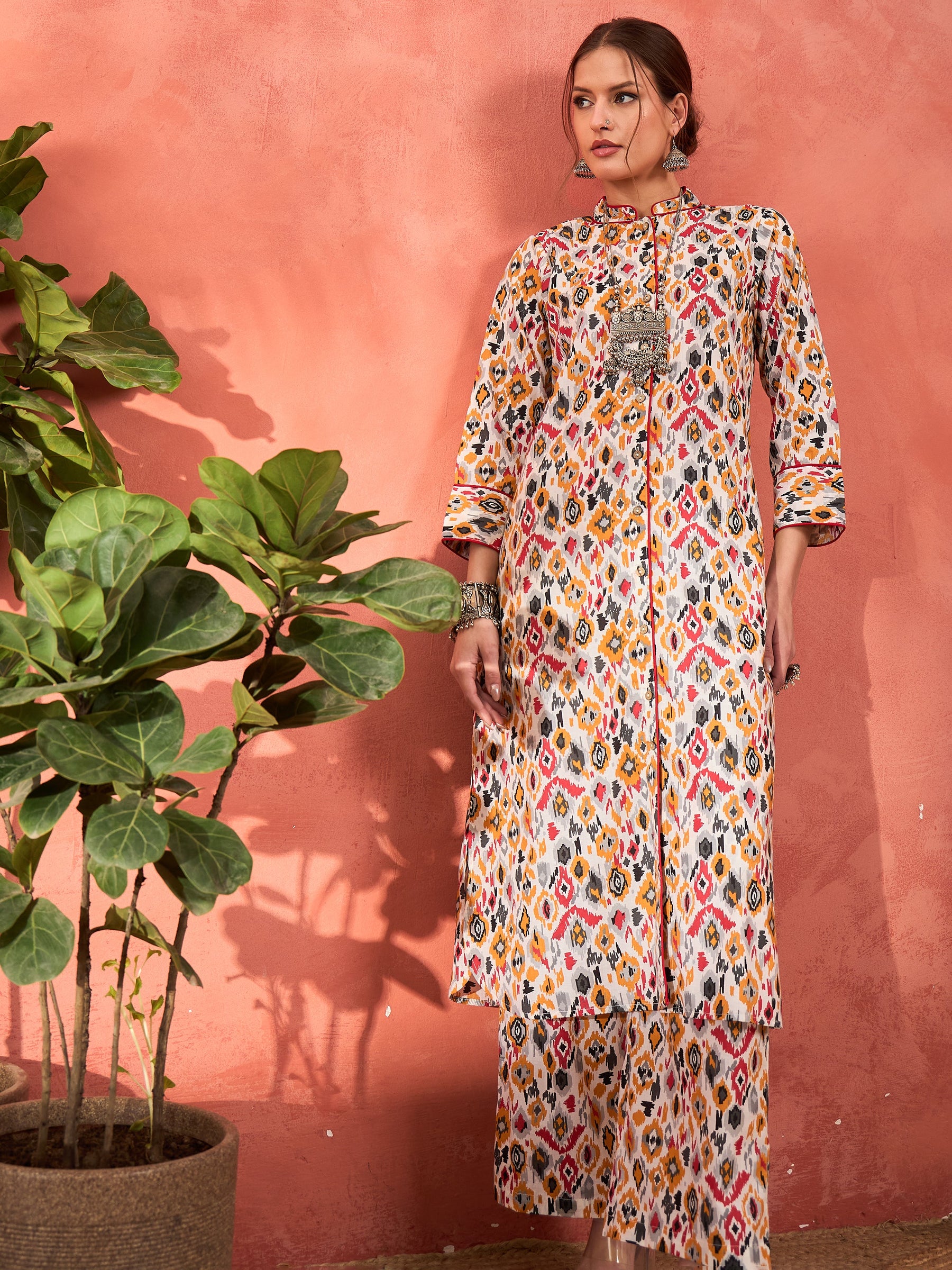 White Ikkat Cambric Front Button Kurta With Pencil Pants -Shae by SASSAFRAS