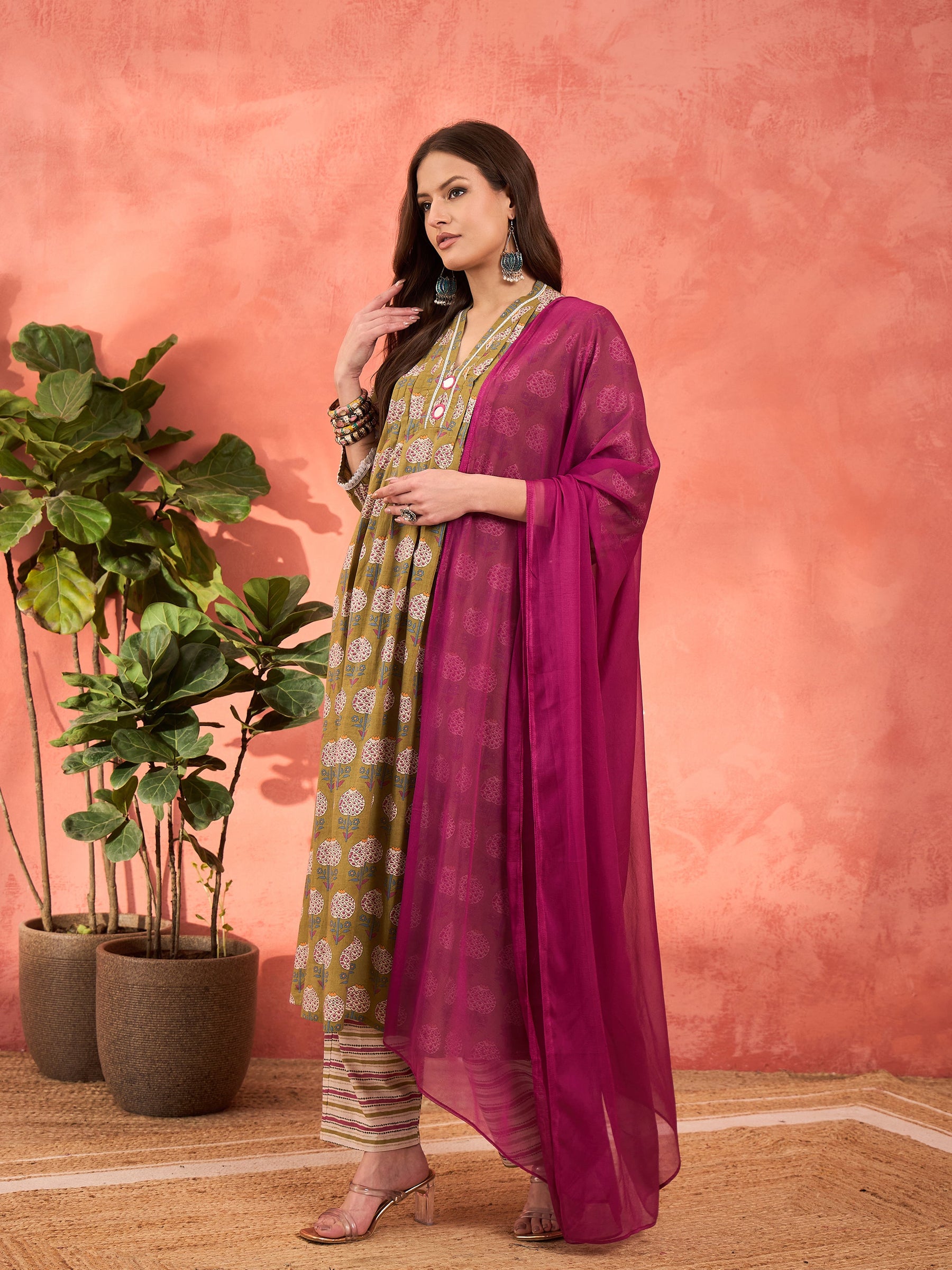 Green Floral Cambric Kurta With Pencil Pants & Dupatta-Shae by SASSAFRAS