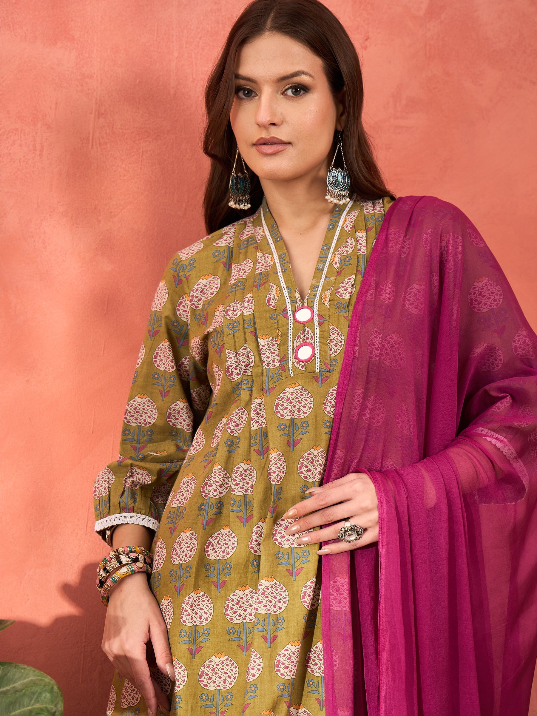 Green Floral Cambric Kurta With Pencil Pants & Dupatta-Shae by SASSAFRAS
