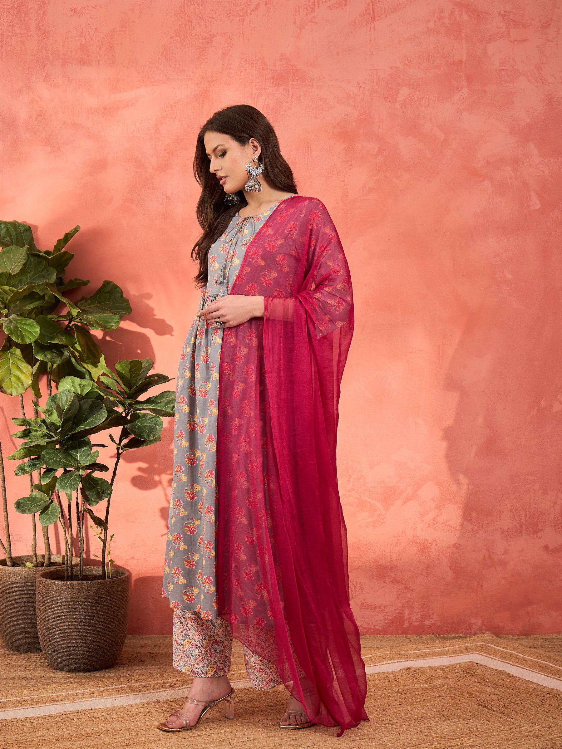 Grey Floral Front Dori Gathered Kurta With Pencil Pants & Dupatta-Shae by SASSAFRAS