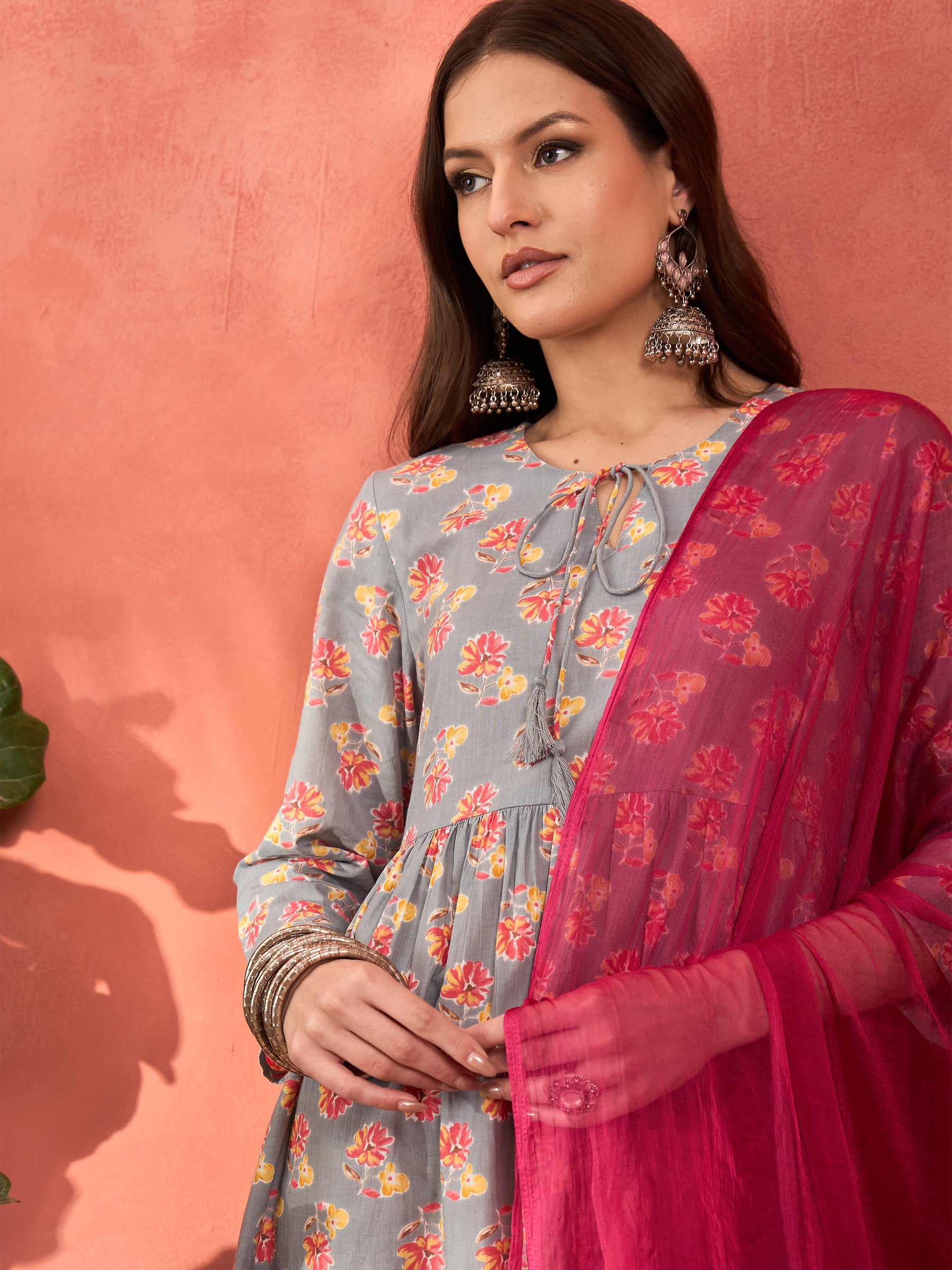 Grey Floral Front Dori Gathered Kurta With Pencil Pants & Dupatta-Shae by SASSAFRAS