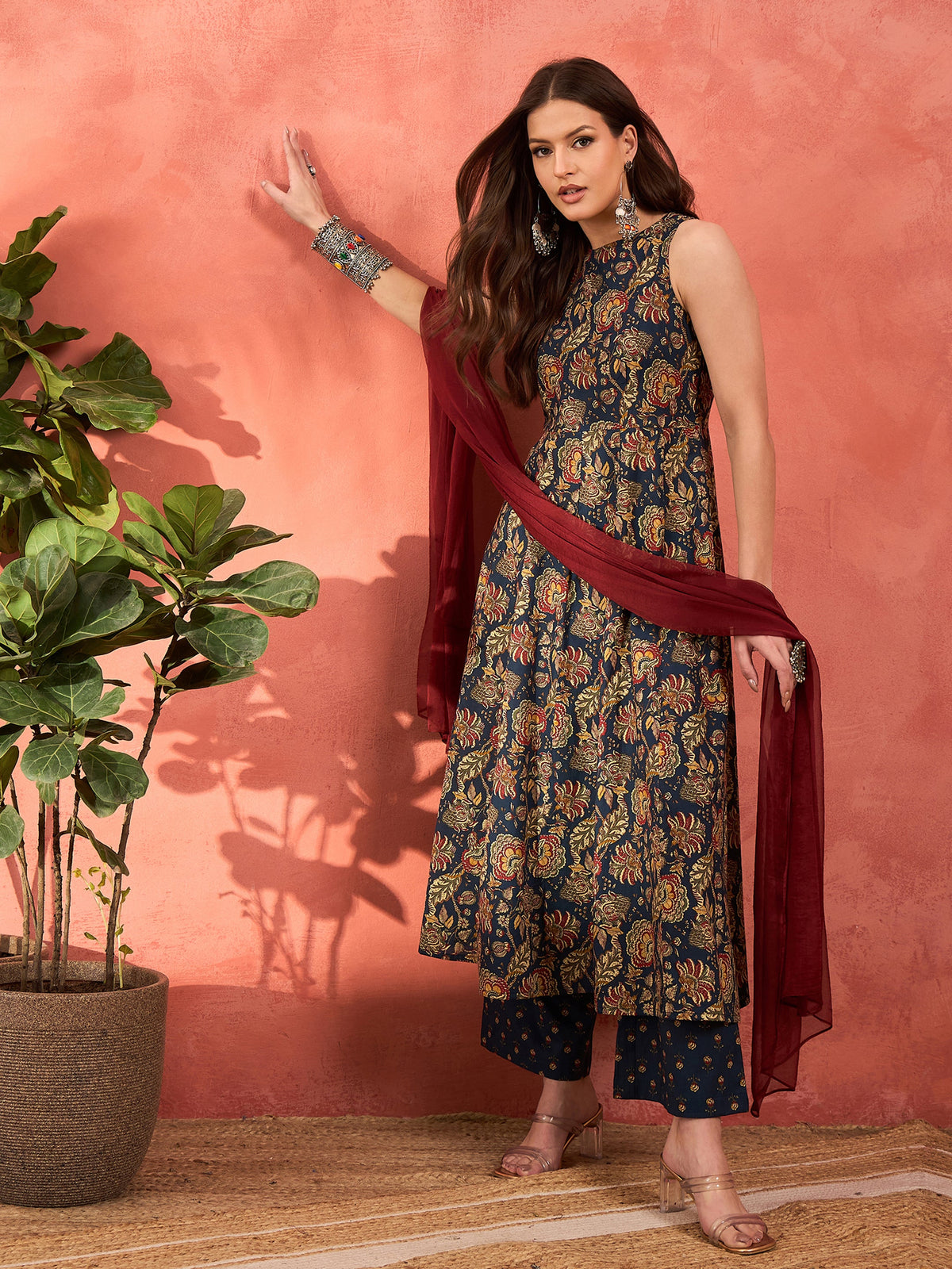 Navy Floral Sleeveless Kurta With Pencil Pants & Dupatta-Shae by SASSAFRAS
