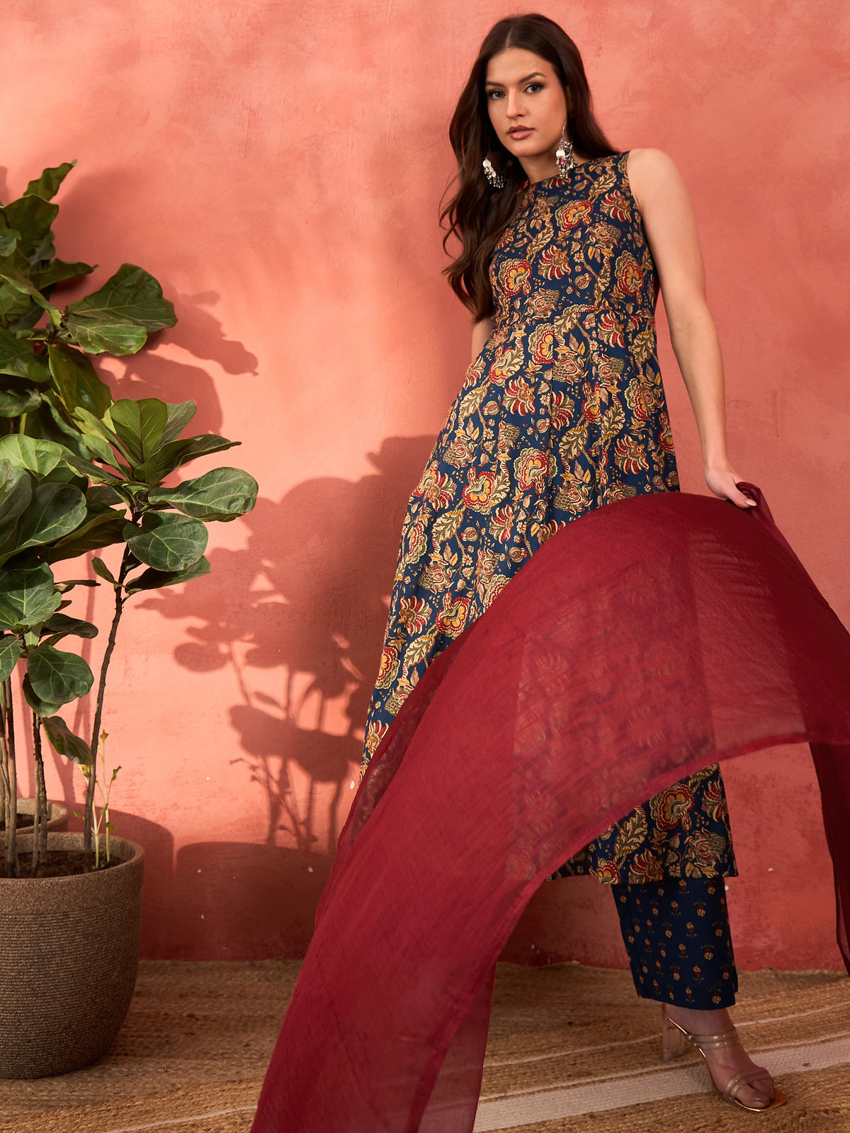 Navy Floral Sleeveless Kurta With Pencil Pants & Dupatta-Shae by SASSAFRAS