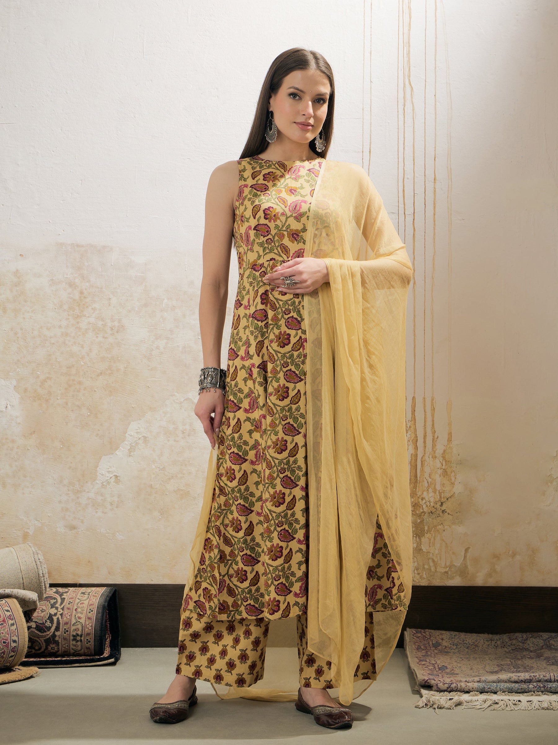 Yellow Floral Sleeveless Kurta With Pencil Pants & Dupatta-Shae by SASSAFRAS