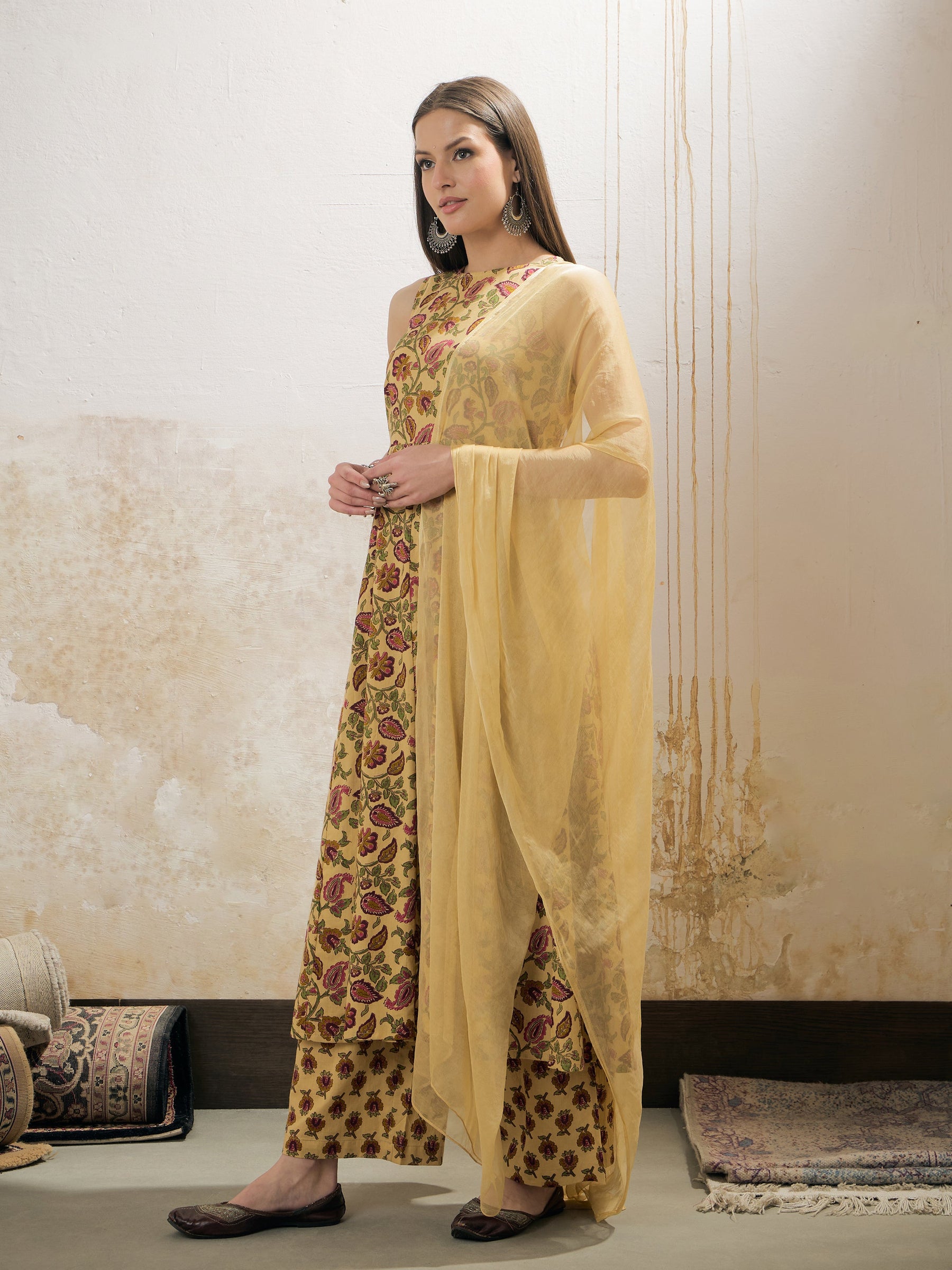Yellow Floral Sleeveless Kurta With Pencil Pants & Dupatta-Shae by SASSAFRAS