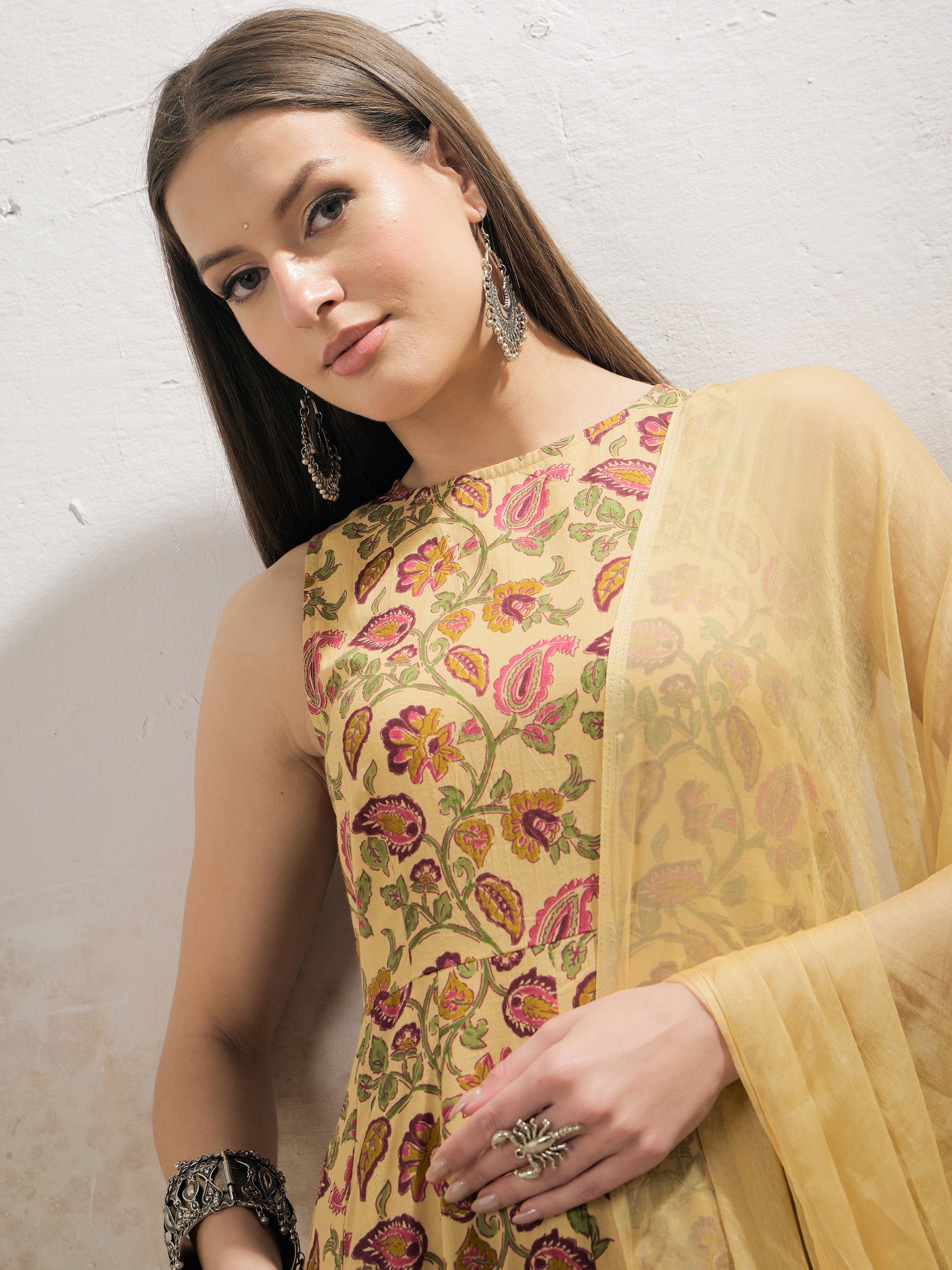 Yellow Floral Sleeveless Kurta With Pencil Pants & Dupatta-Shae by SASSAFRAS