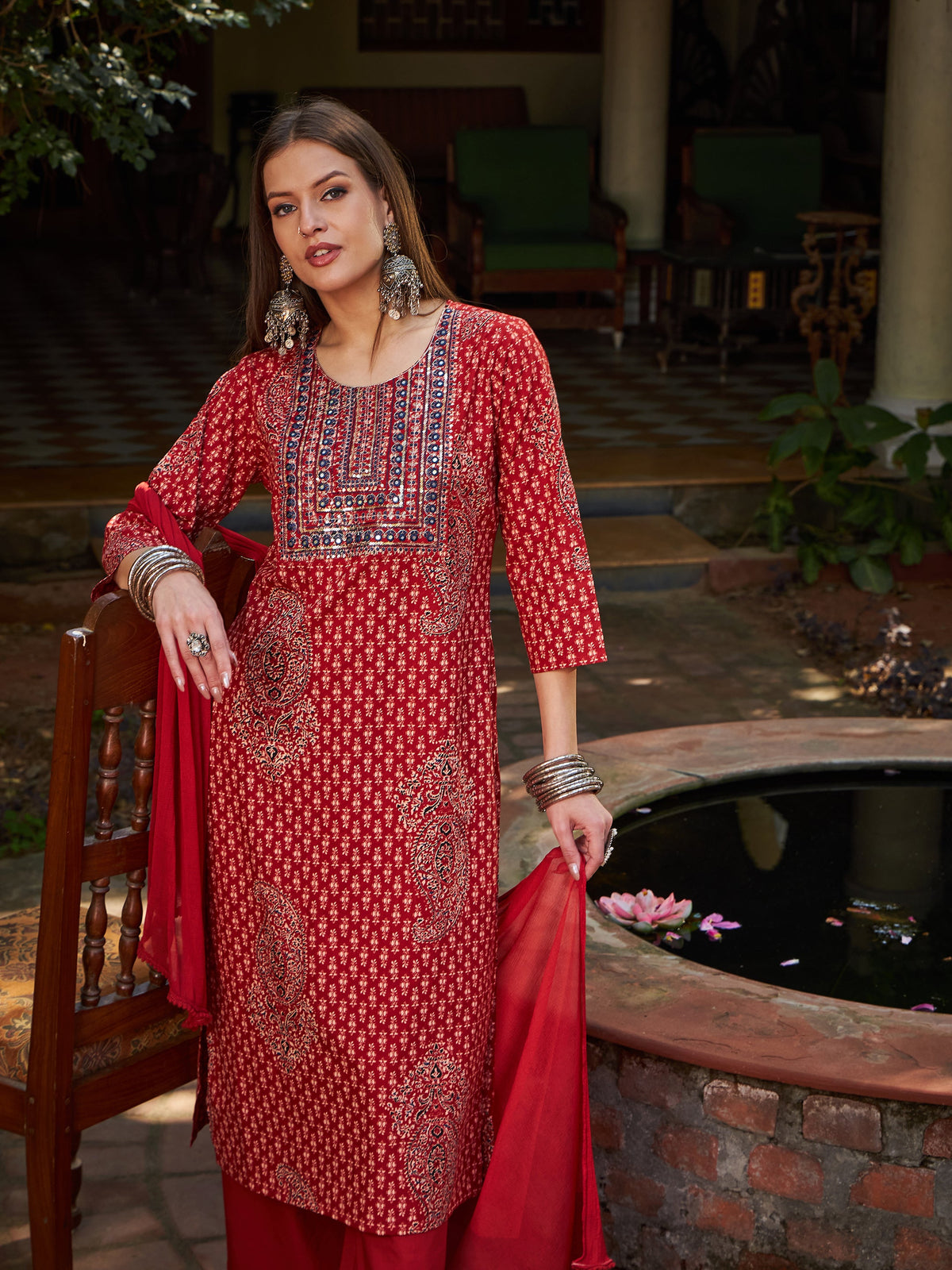 Maroon Floral Front Yoke Kurta With Pencil Pants & Dupatta-Shae by SASSAFRAS
