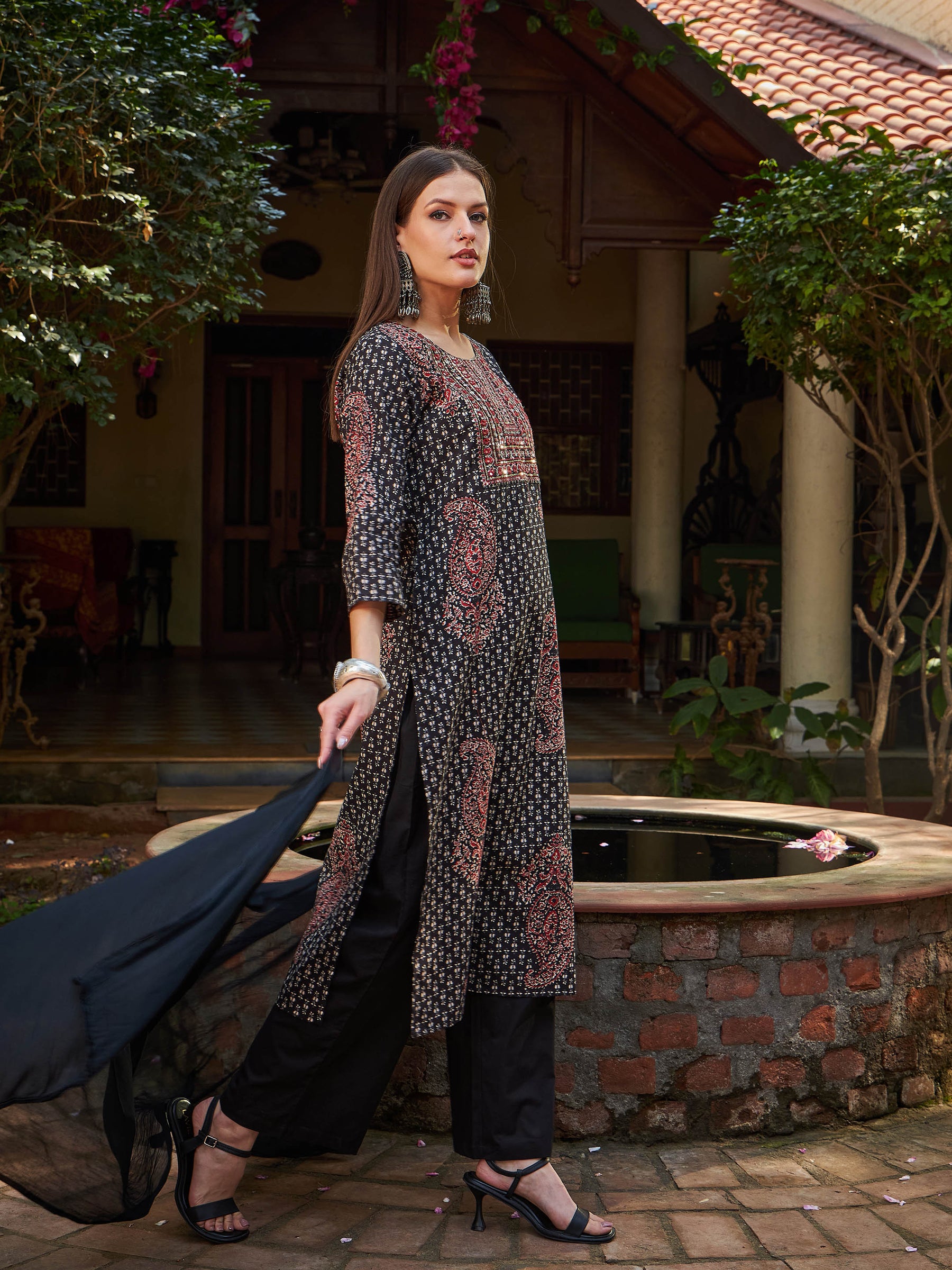 Black Floral Front Yoke Kurta With Pencil Pants & Dupatta-Shae by SASSAFRAS