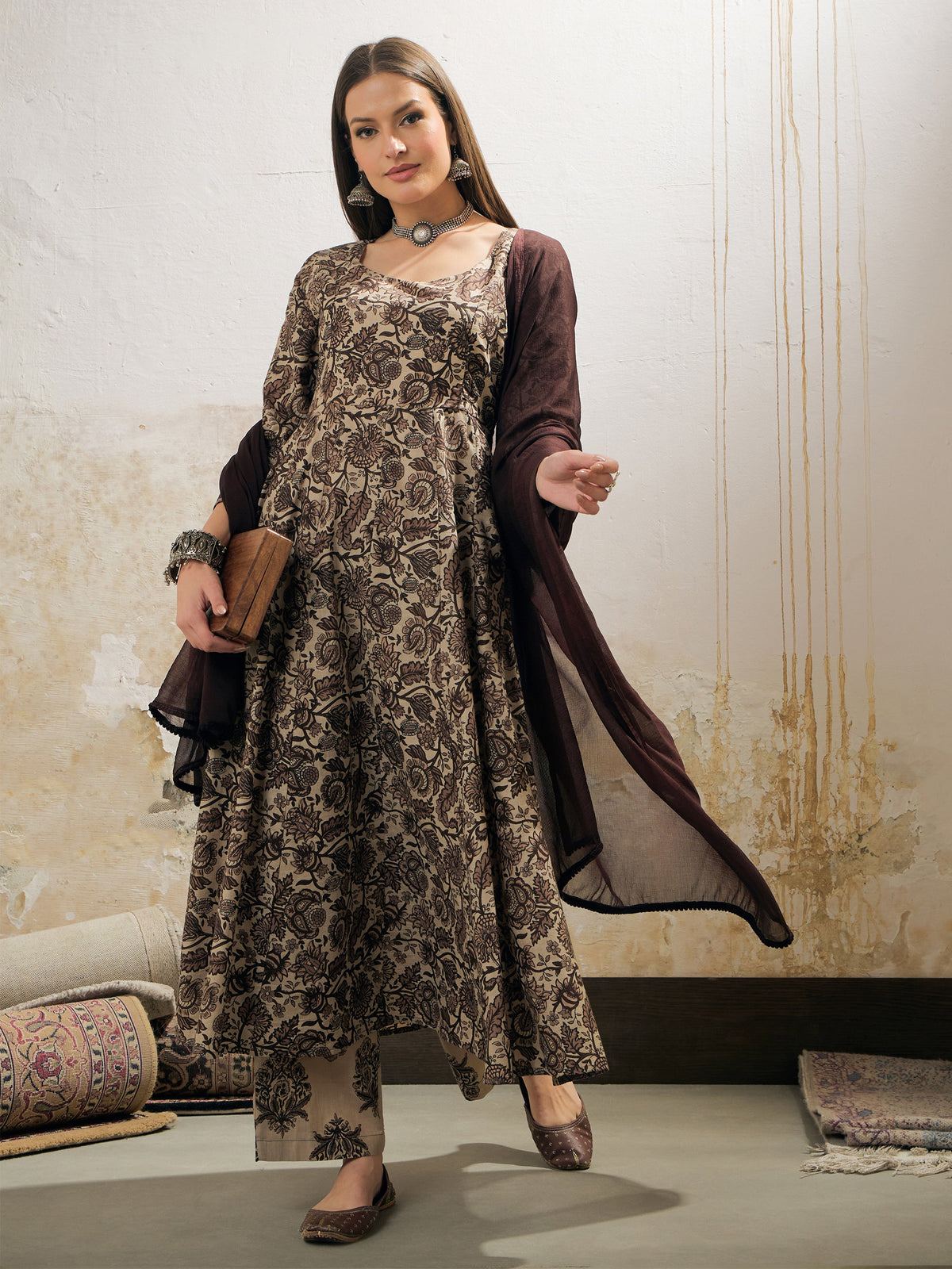 Beige Floral Anarkali Kurta With Pencil Pant & Dupatta-Shae by SASSAFRAS