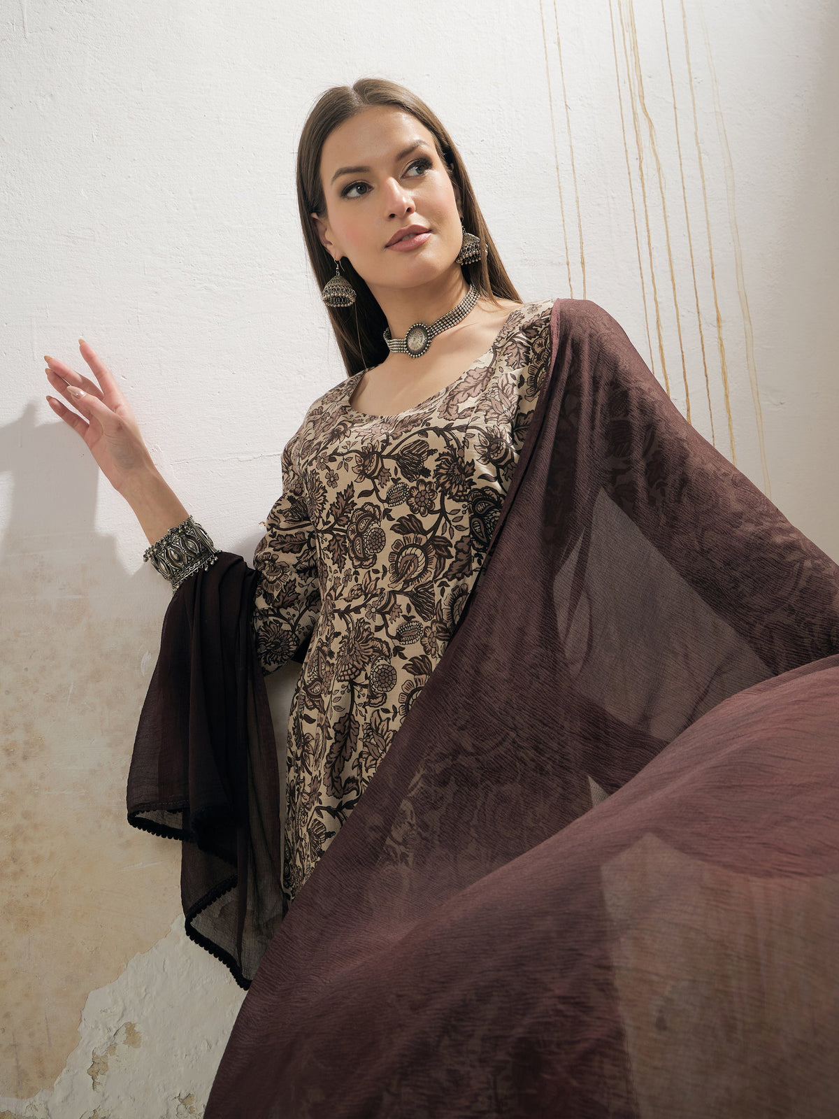Beige Floral Anarkali Kurta With Pencil Pant & Dupatta-Shae by SASSAFRAS