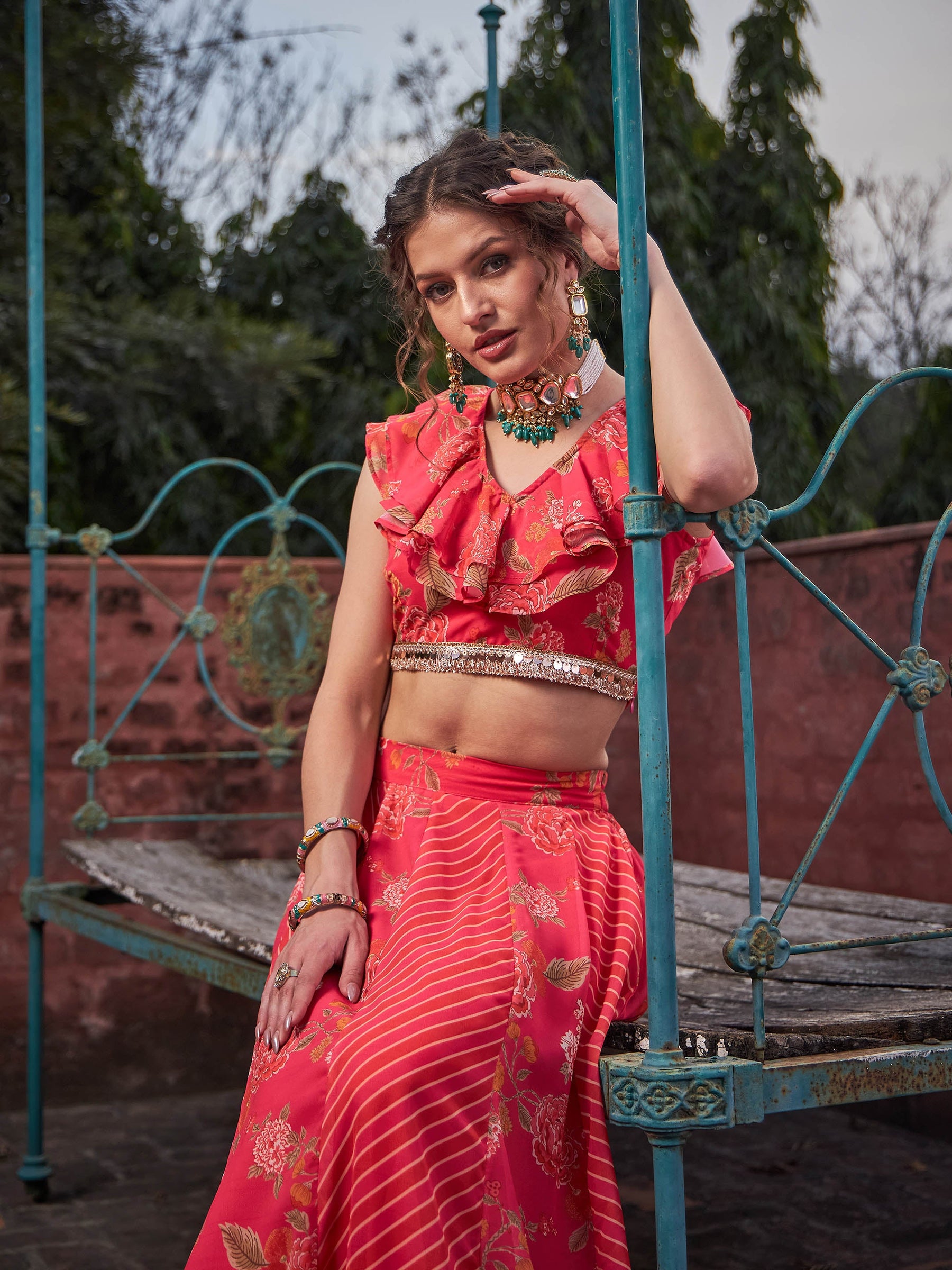 Pink Floral Frill Neck Crop Top With Anarkali Skirt -Shae by SASSAFRAS