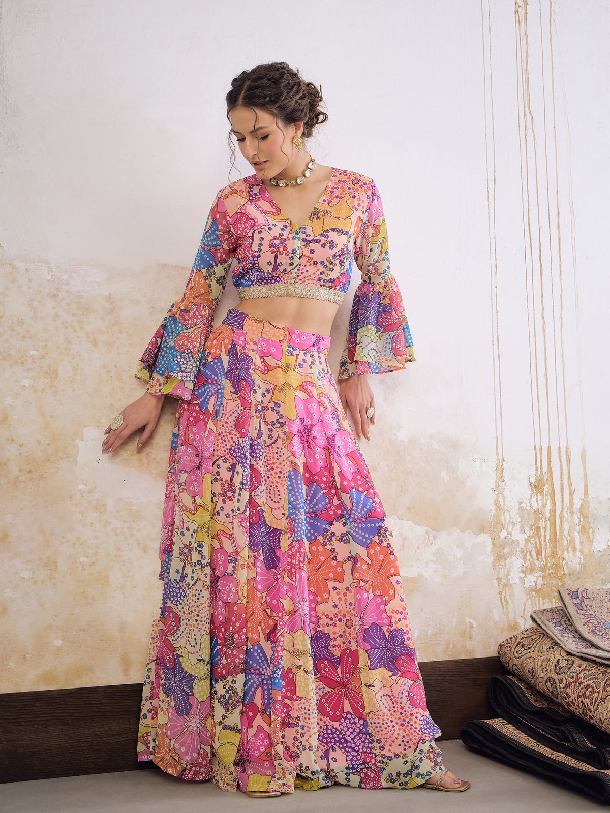 Pink Floral Frill Sleeves Crop Top With Anarkali Skirt -Shae by SASSAFRAS
