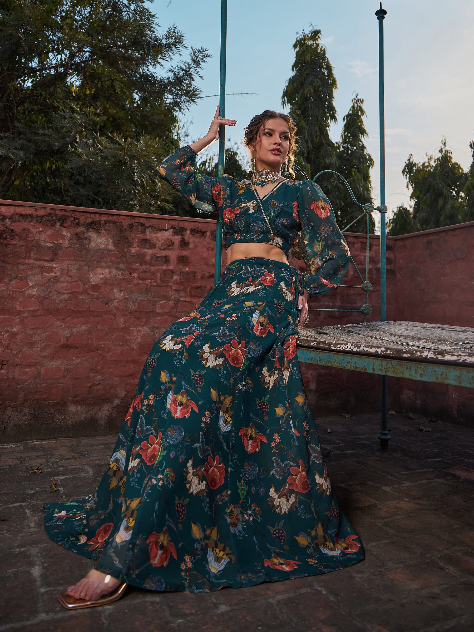 Green Floral Wrap Crop Top With Anarkali Skirt -Shae by SASSAFRAS