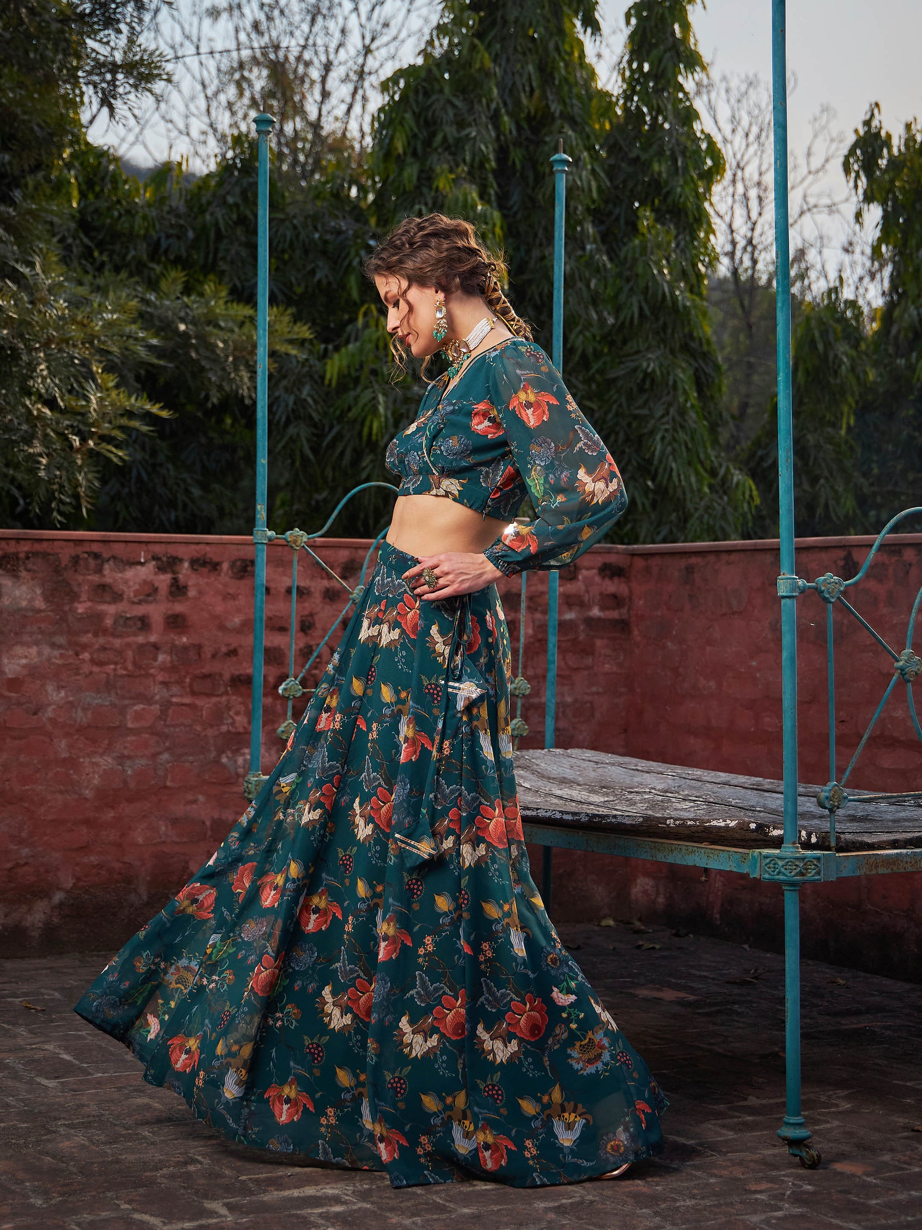 Green Floral Wrap Crop Top With Anarkali Skirt -Shae by SASSAFRAS