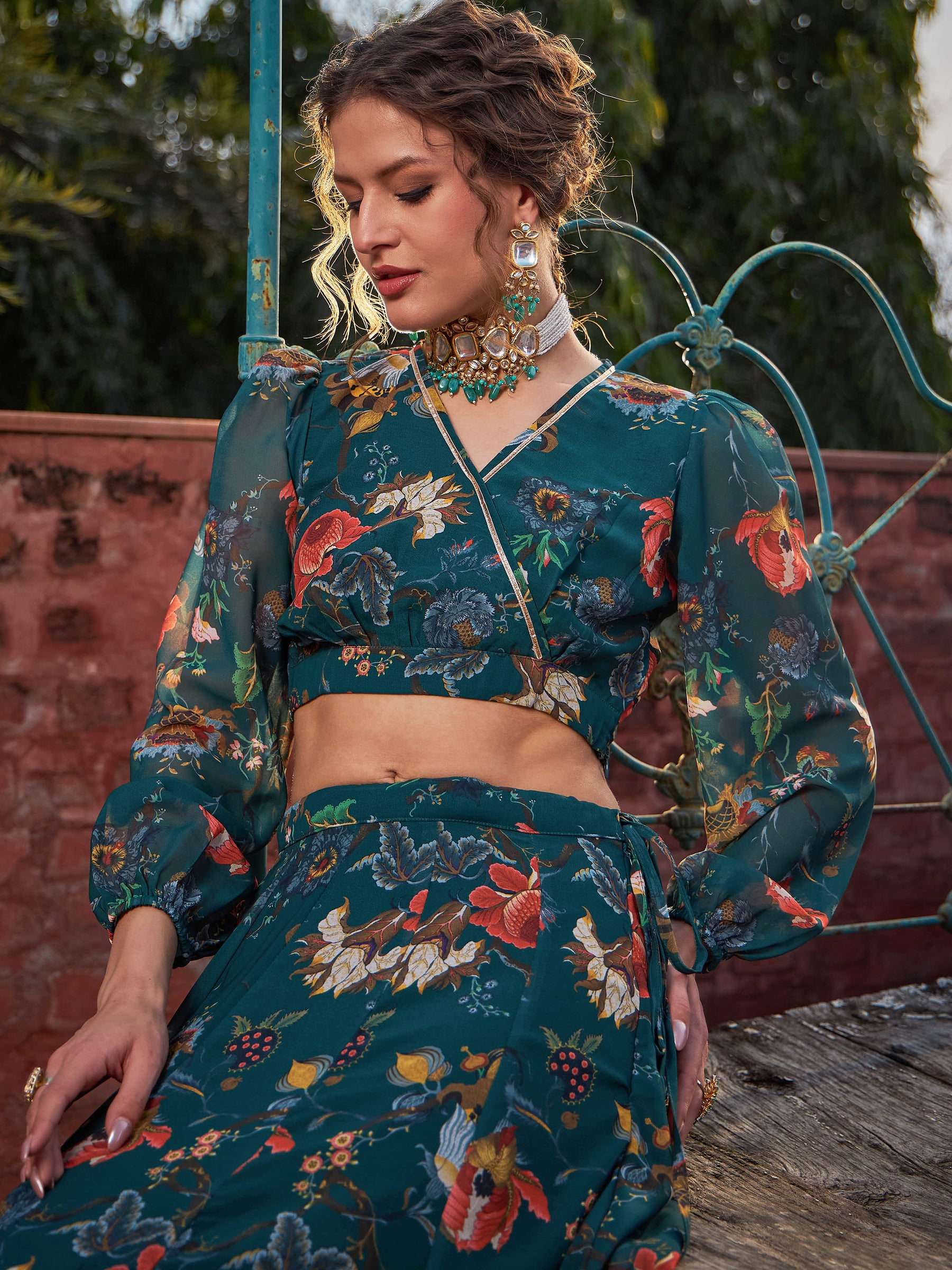 Green Floral Wrap Crop Top With Anarkali Skirt -Shae by SASSAFRAS