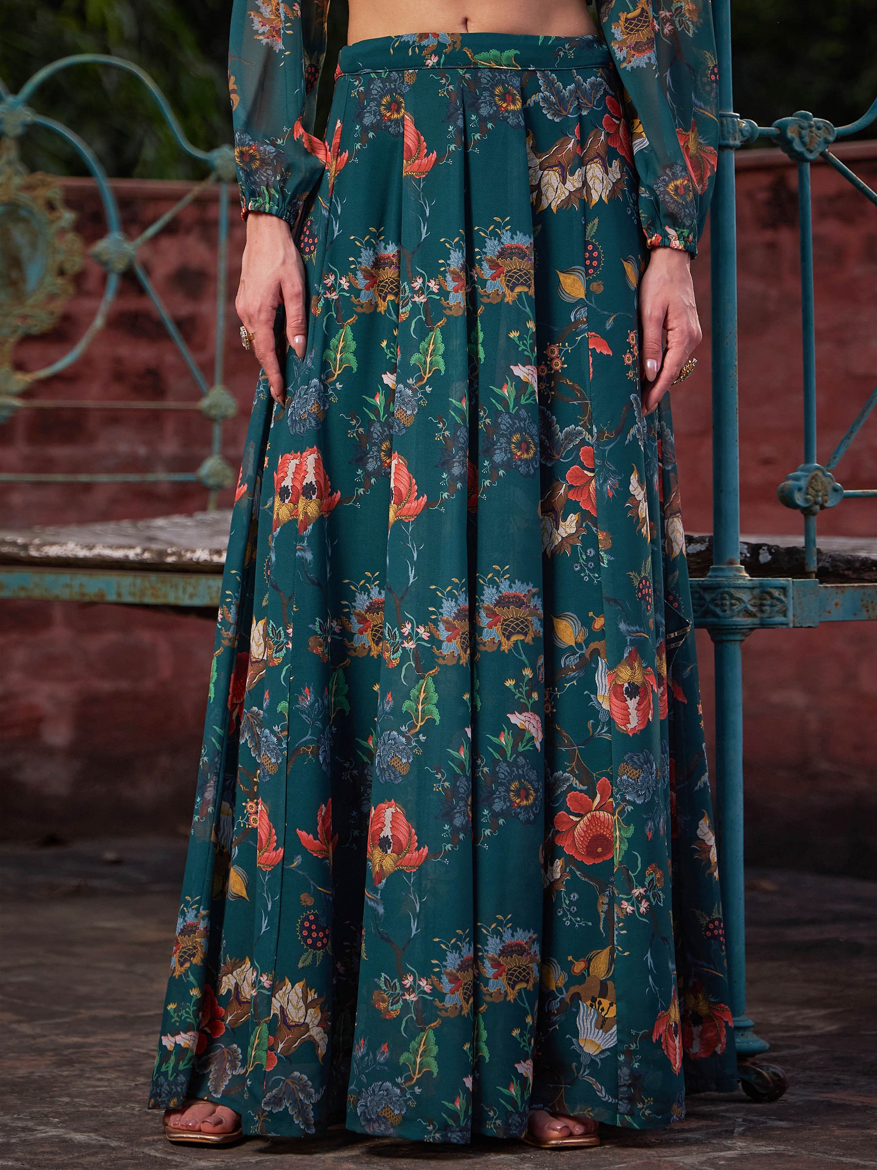 Green Floral Wrap Crop Top With Anarkali Skirt -Shae by SASSAFRAS