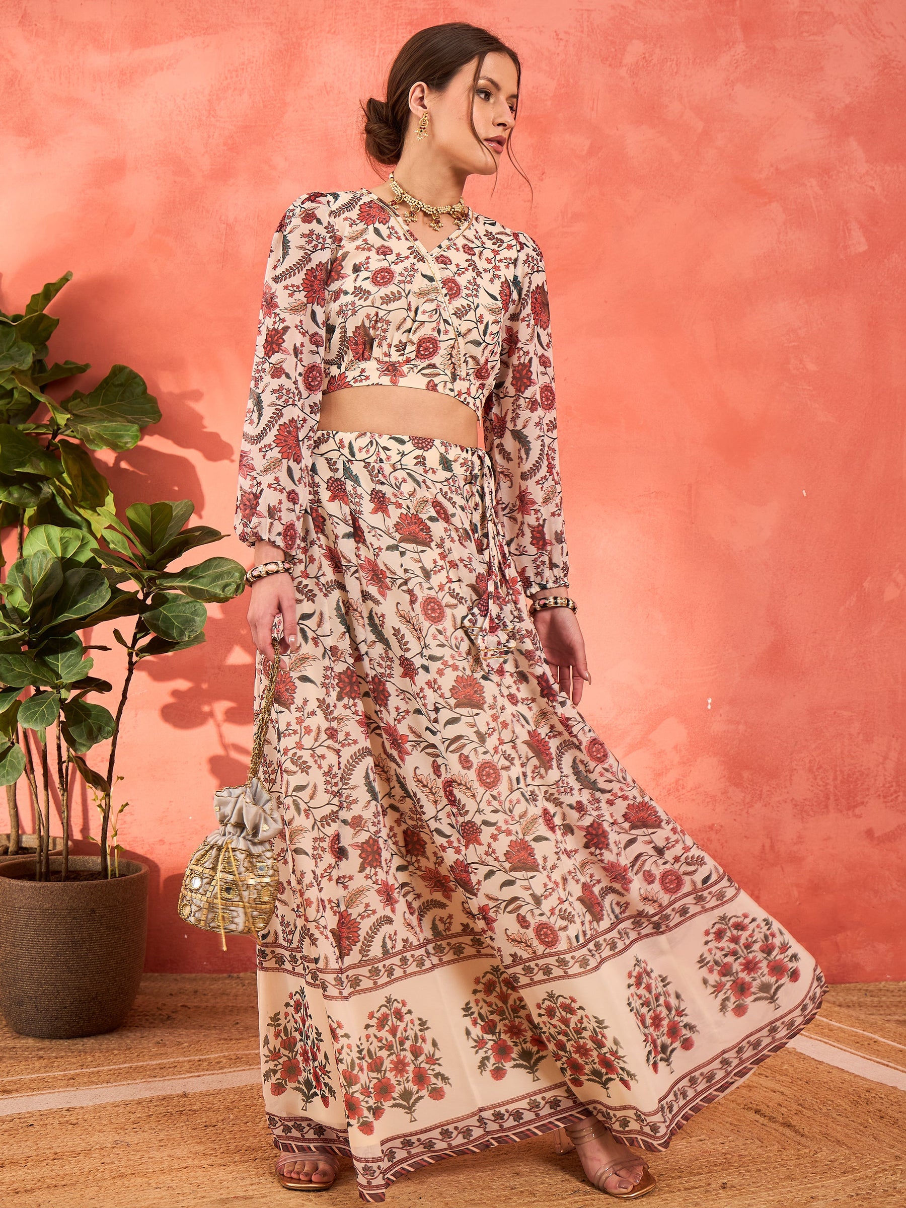 Beige Floral Wrap Crop Top With Anarkali Skirt-Shae by SASSAFRAS