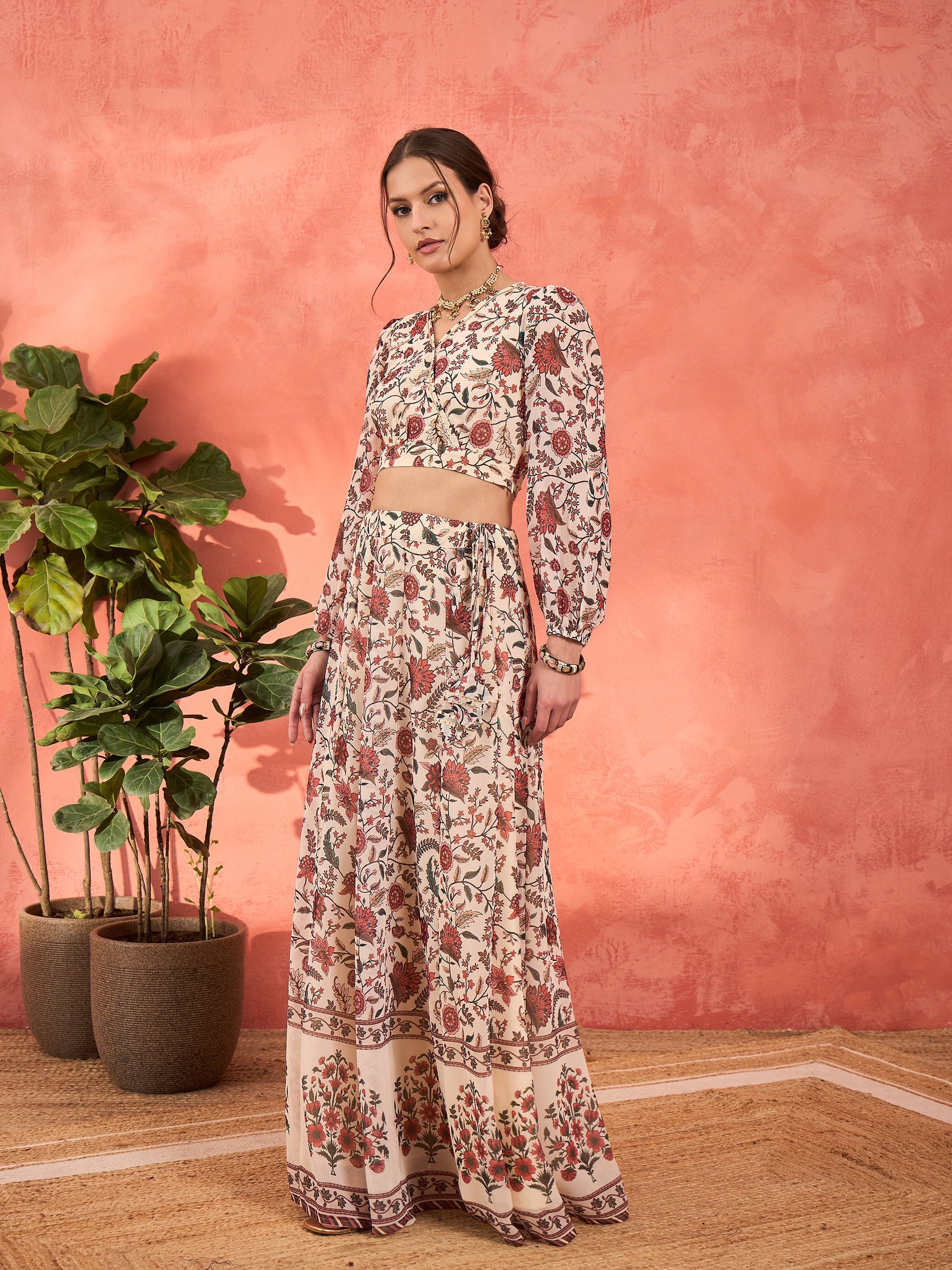 Beige Floral Wrap Crop Top With Anarkali Skirt-Shae by SASSAFRAS