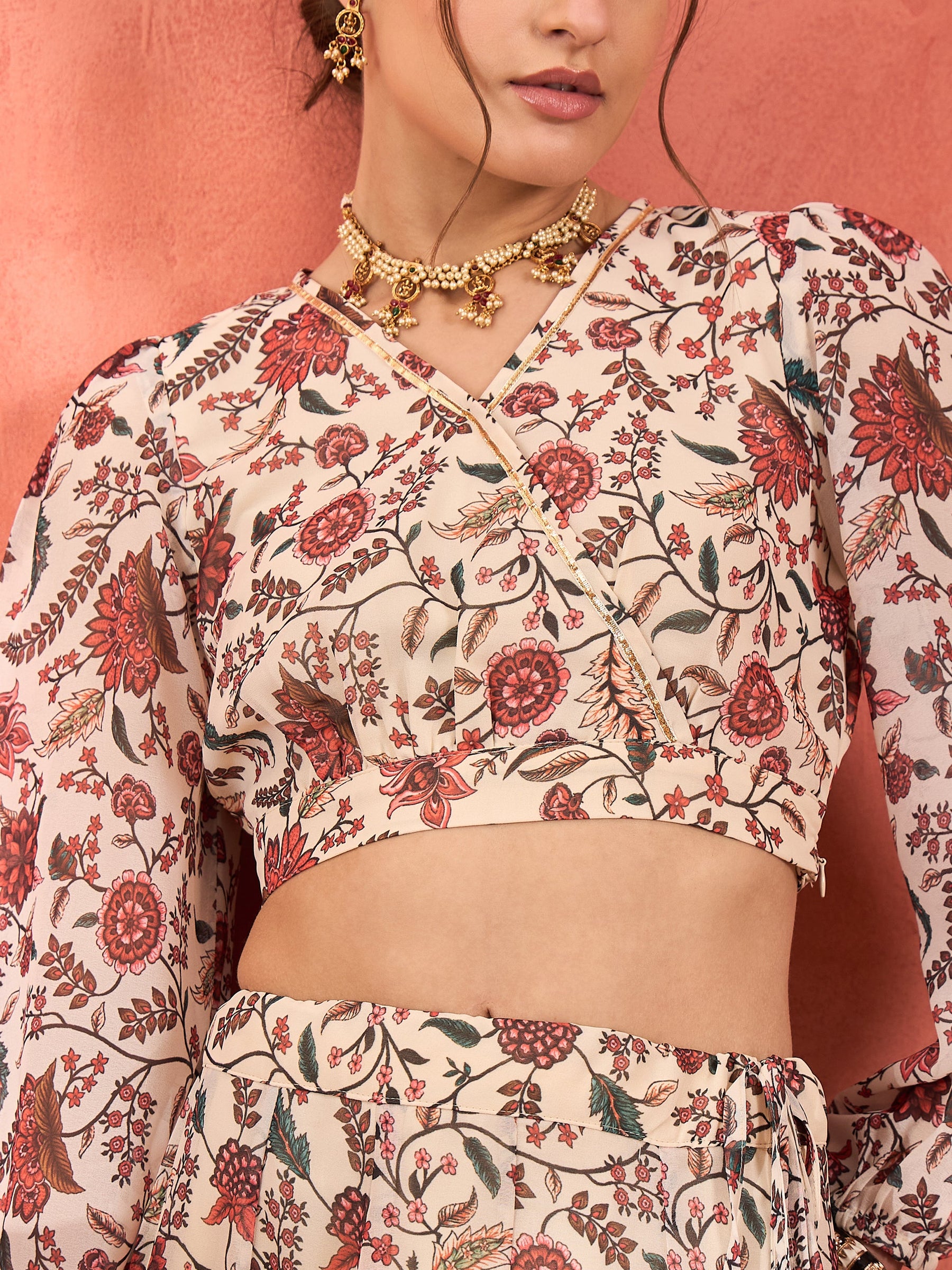 Beige Floral Wrap Crop Top With Anarkali Skirt-Shae by SASSAFRAS