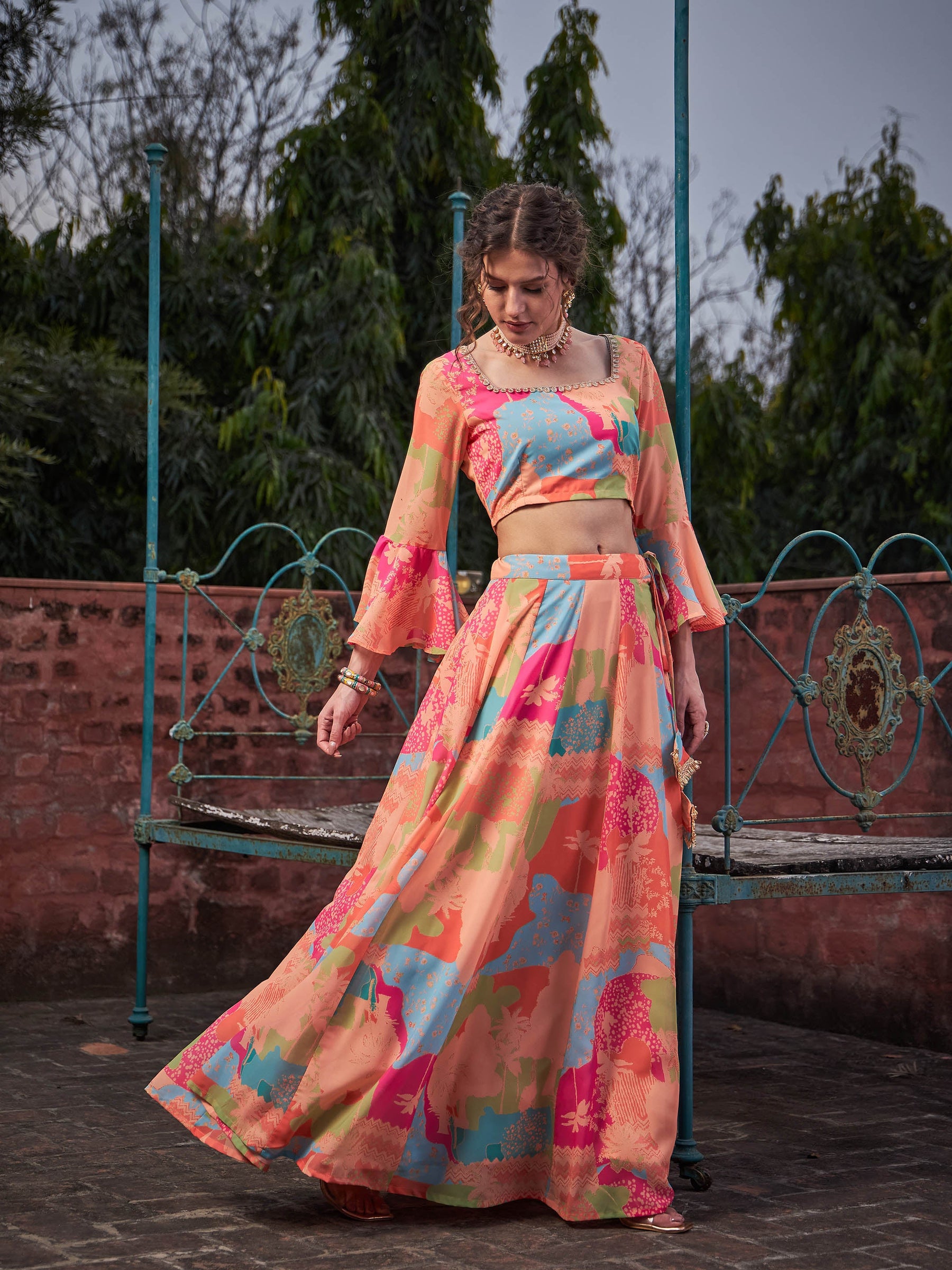 Orange Tie & dye Crop Top With Anarkali Skirt-Shae by SASSAFRAS