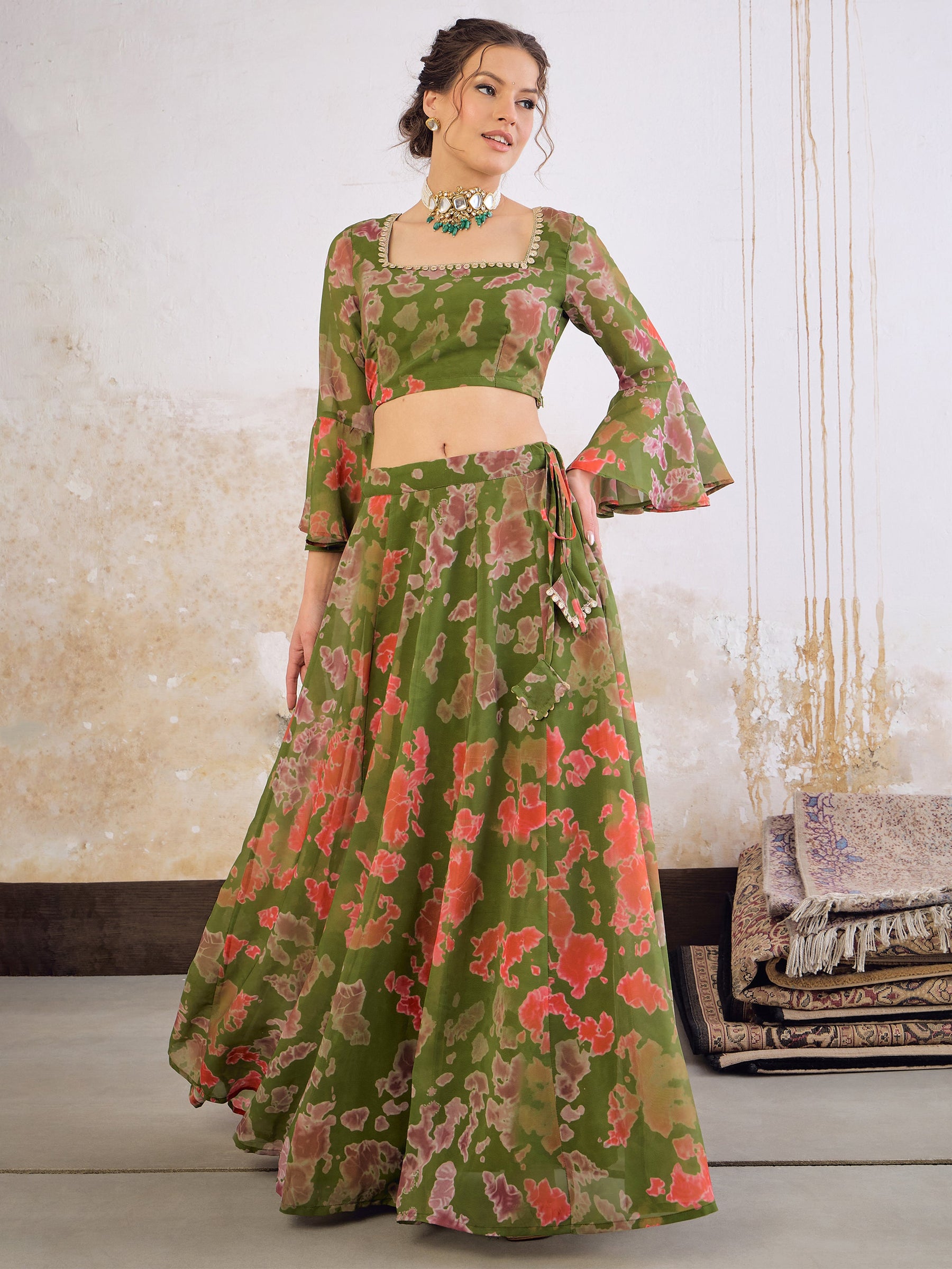 Green Tie & dye Crop Top With Anarkali Skirt-Shae by SASSAFRAS
