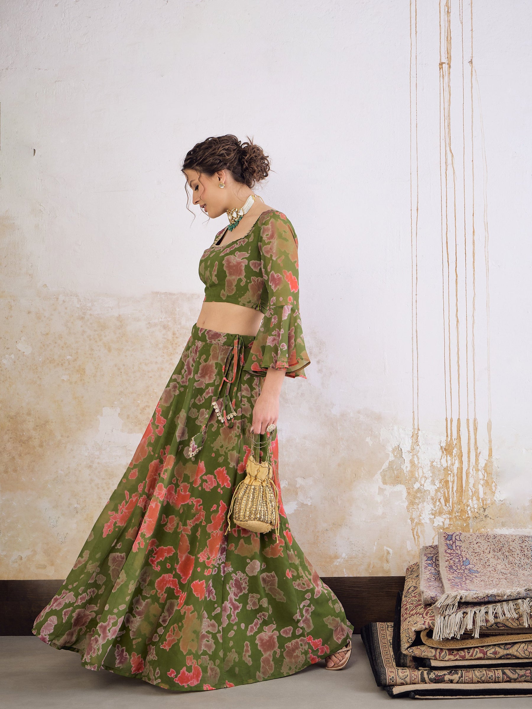 Green Tie & dye Crop Top With Anarkali Skirt-Shae by SASSAFRAS